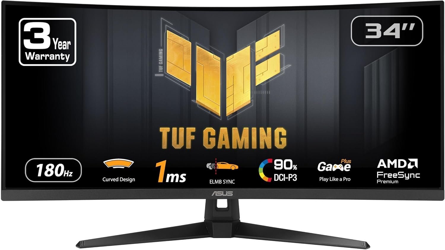 ASUS TUF Gaming 34” Ultra-Wide Curved Monitor (VG34VQ3B) – 21:9 QHD (3440×1440), 180Hz, 1ms, Extreme Low Motion Blur Sync, FreeSync Premium, Speaker, 90% DCI-P3, DisplayWidget Center, 3 yr Warranty