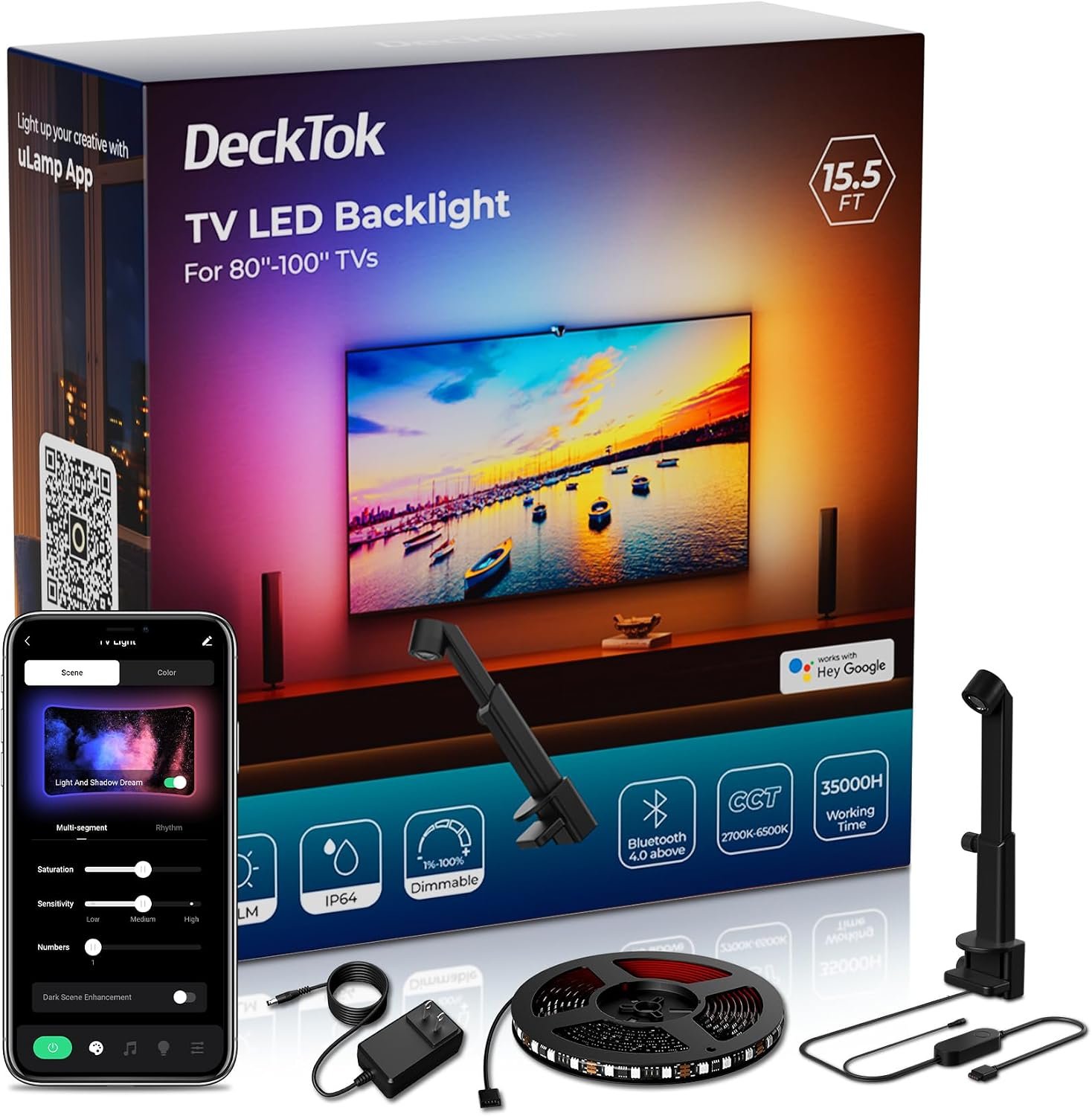 DeckTok TV LED Backlight 15.5ft – TV Lights That Change with Screen for 55-100” RGB LED Strip Lights Cuttable with Smart App Control Game & Music Sync Color Changing Light for Home Decor