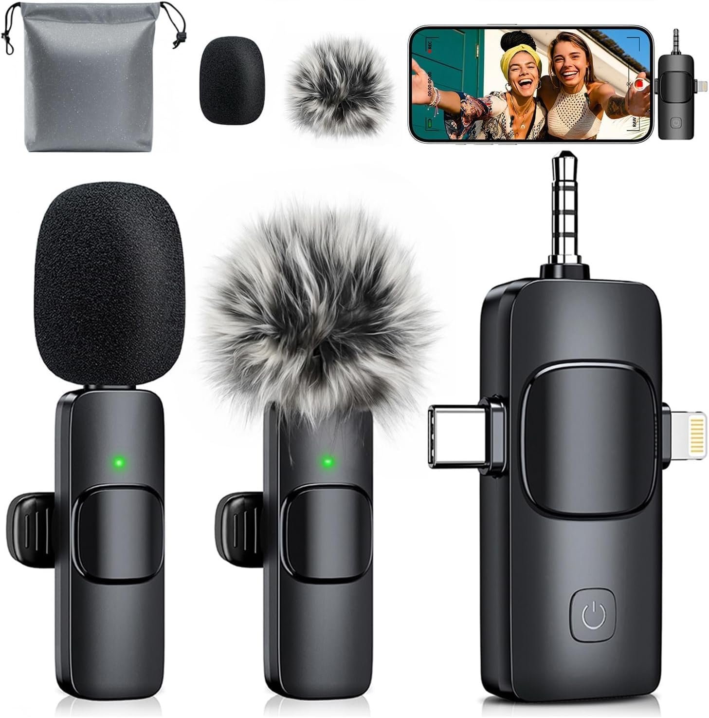 MENERESAS 3-in-1 Mini Microphone for iPhone: Wireless Lavalier Microphone with 80ft Range & 15H Battery – Noise Reduction Lapel Mic, Real-Time Monitoring for Video Recording Power Conditioners