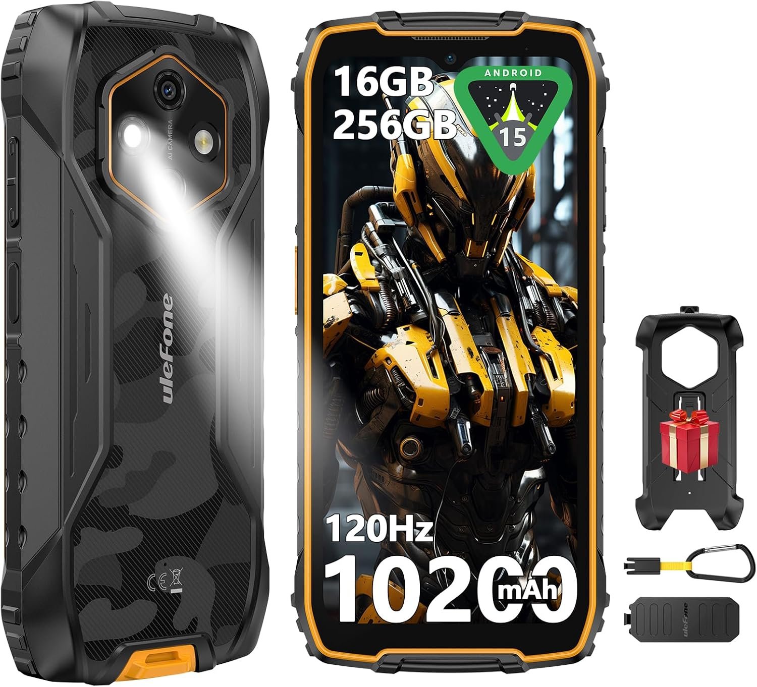 Ulefone RugKing 4 Pro Android 15 Rugged Phone, 16GB+256GB 10200mAh Battery 6.56″ 120Hz Display Tough Smarthone, 48MP Main Camera, Built-in Glare Flashlight, NFC/ 4G Dual SIM/Widevine L1 – Orange