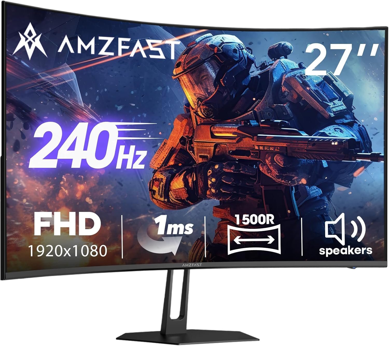 Amzfast 27 inch 240Hz Curved Monitor, FHD 1080p Gaming Monitor, Built-in Speakers, FreeSync, MPRT 1ms, 130% sRGB, 4000:1, 1500R, VESA Mount, HDMI 2.0&DP 1.4, 12 Months Warranty Exchange, AMZG27C1 Pro