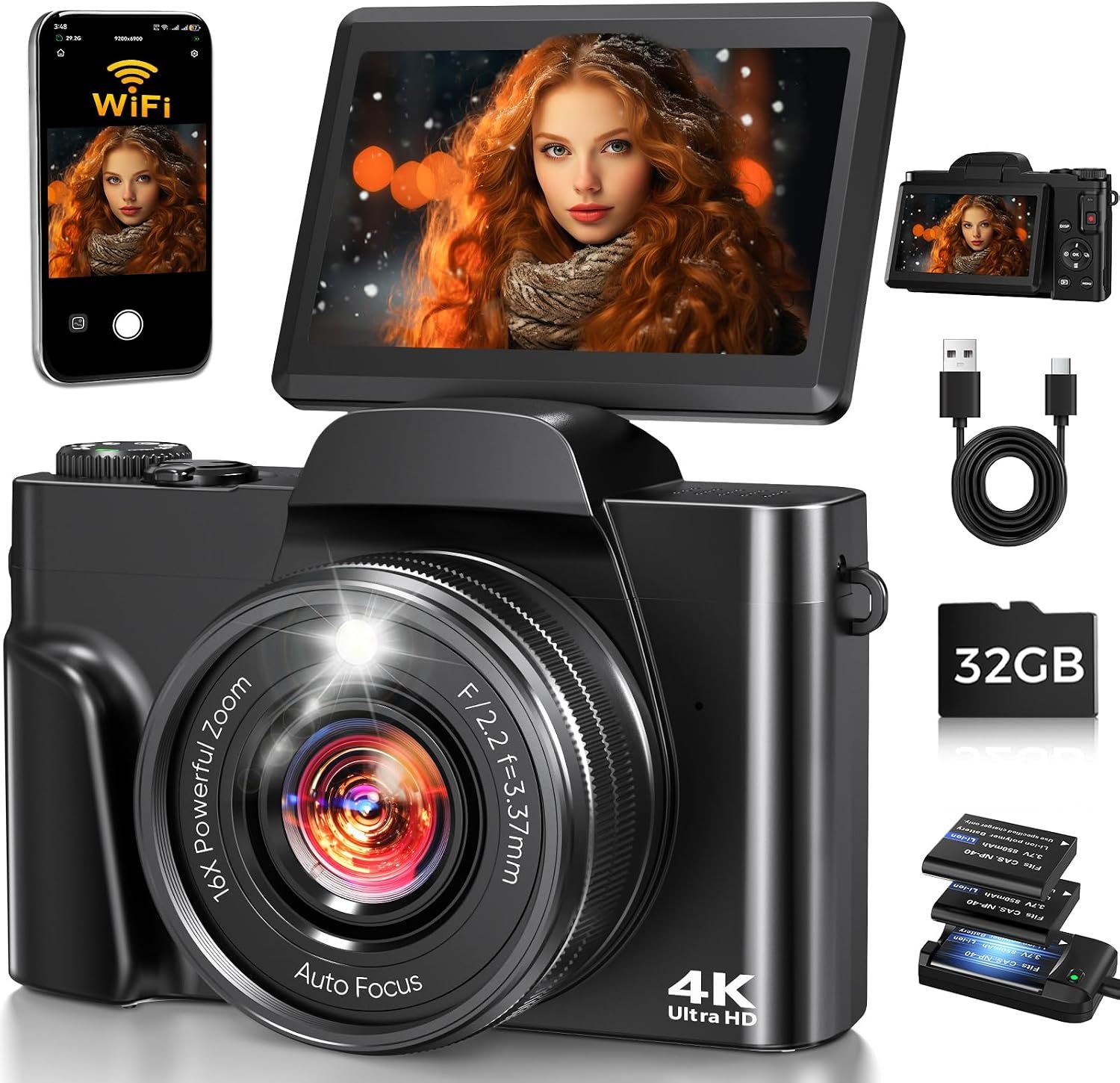 4K Digital Camera for Photography with WiFi,64MP Autofocus 3” 180° Flip Screen 16X Zoom Vlogging Camera for YouTube, Compact Travel Camera for Beginners, Anti-Shake, 32GB Card, 2 Batteries, Black