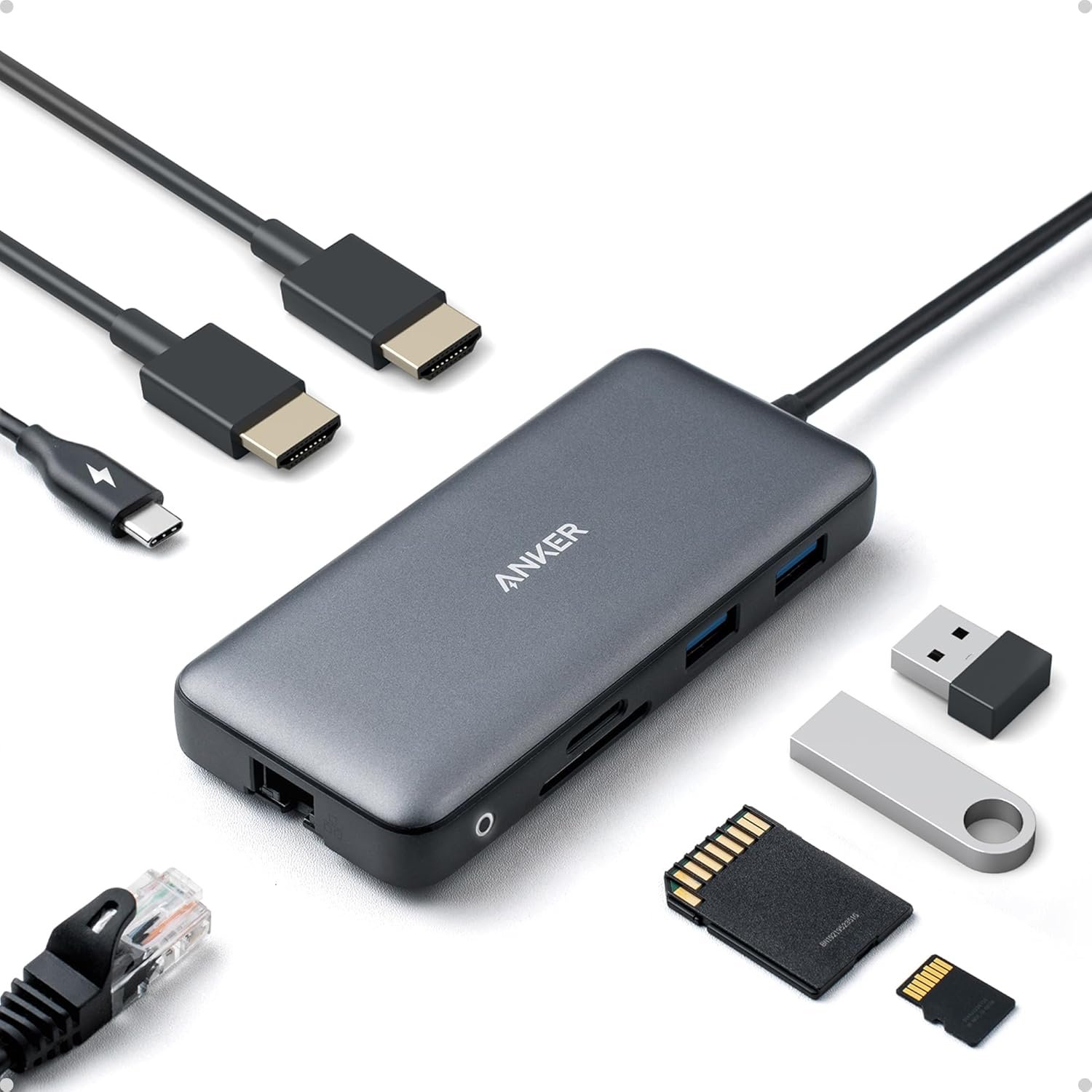 Anker Laptop Docking Station Dual Monitor, 8-in-1 USB C Hub, 4K Dual Monitor with 2 HDMI, 1 Gbps Ethernet Hub, 85W Power Delivery, SD Card Reader, for XPS and More (Charger not Included)