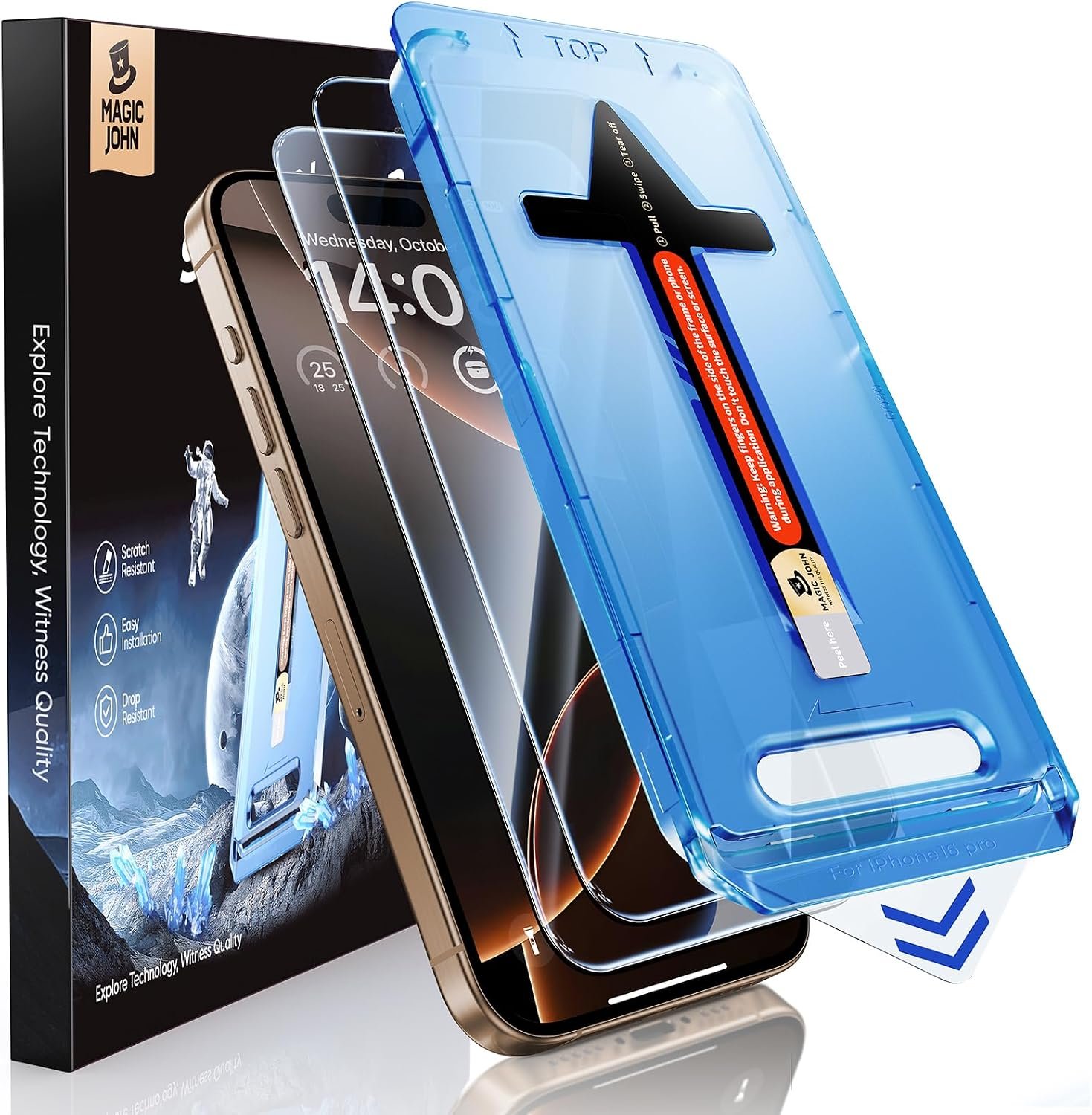 MAGIC JOHN 2 Pack for iPhone 16 Pro [6.3 inch] Tempered Glass Screen Protector, HD Clear, Bubble Free, Easy Installation, Auto Dust-Elimination, 16Pro 6.3”