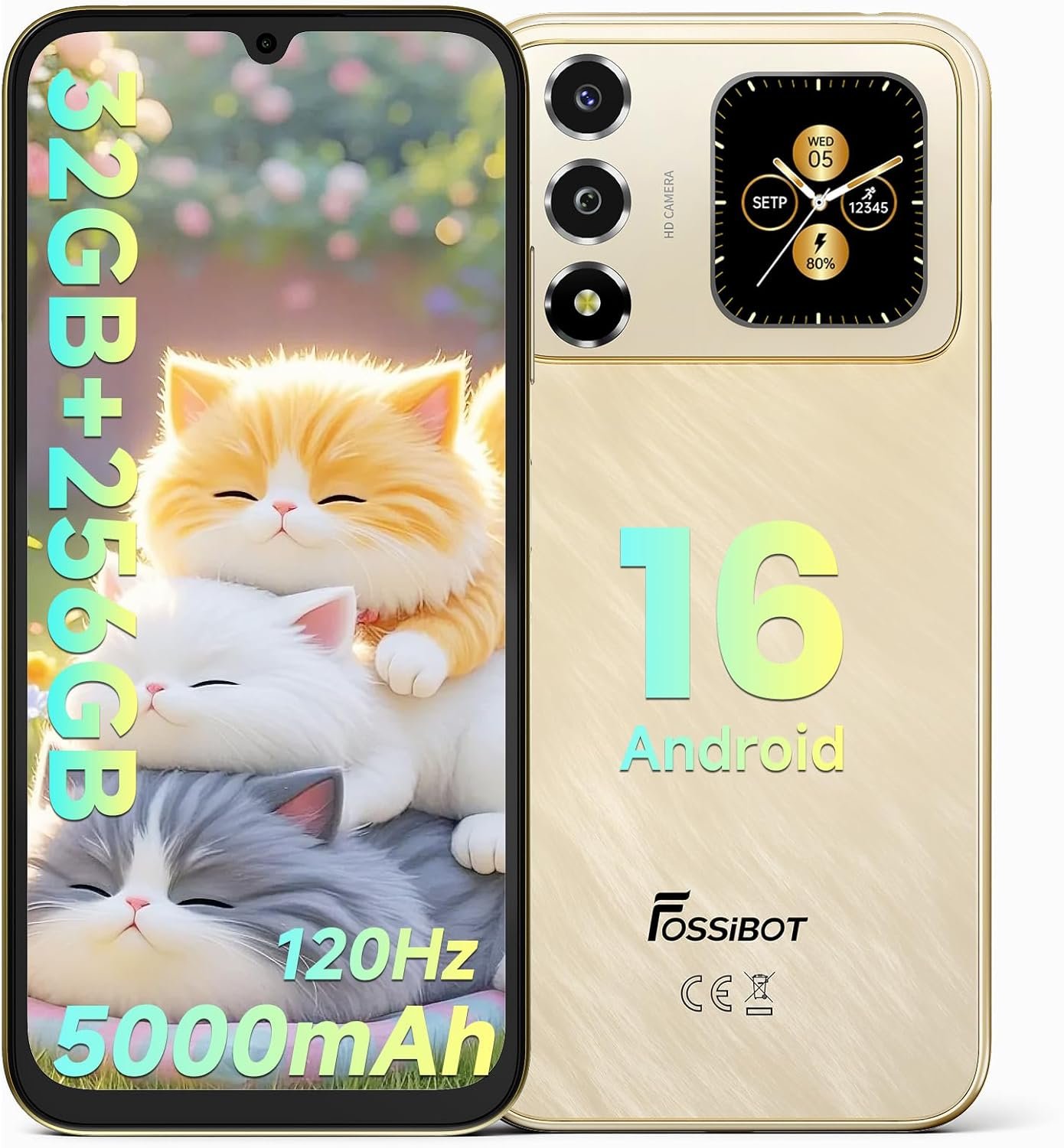 FOSSIBOT S7 Android 16 CellPhones, 32GB+256GB+2TB Unlocked Phone, 6.9″ FHD Display 120Hz Dual-Screen Smartphones, 5000mAh Battery 4G Dual Sim Mobile Phone, Gemini Al/GPS/Face ID (2026 Gold)