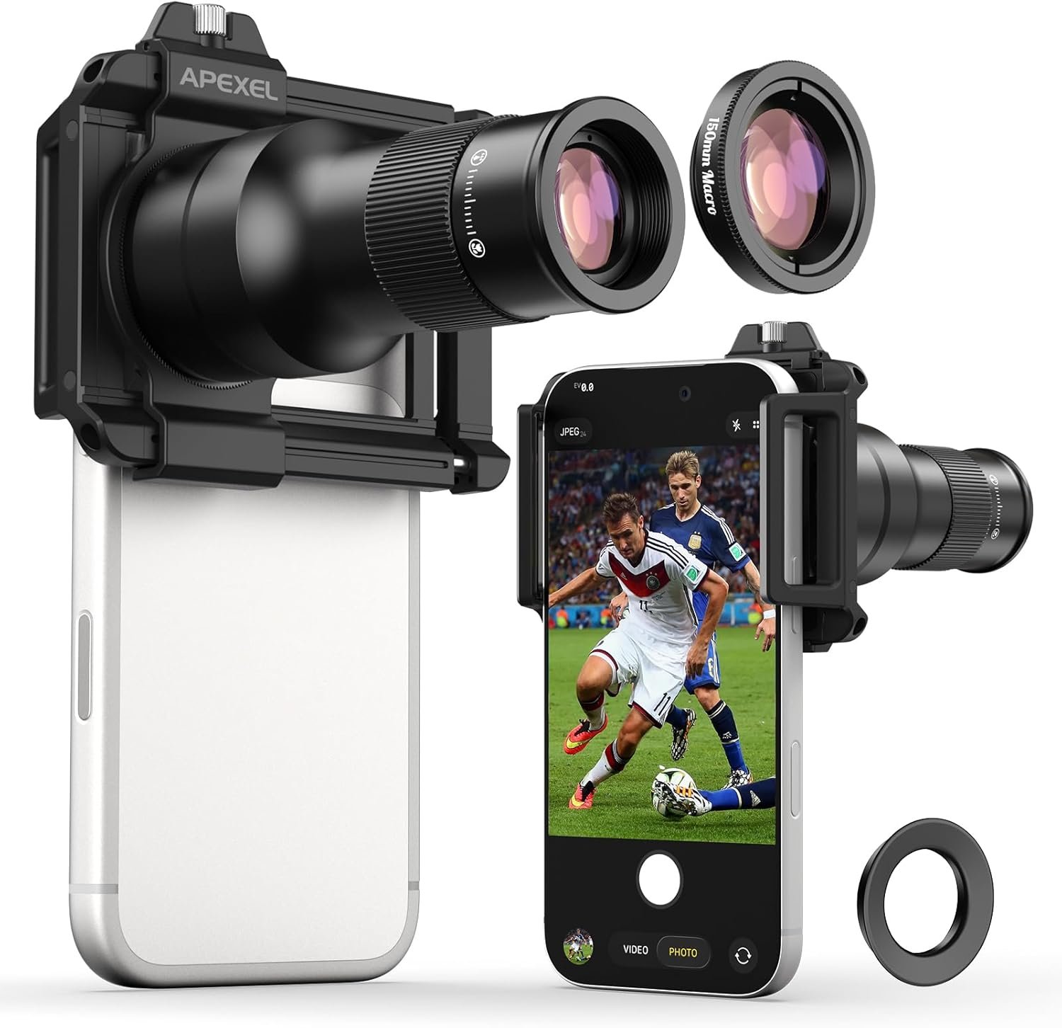 APEXEL 2-in-1 Telephoto Lens & 150mm Macro Lens for | 6X Telephoto and Macro Lens Kit with Universal Clip | Compatible with 16/15/14/13 Pro/Max, Samsung and Android Smartphones