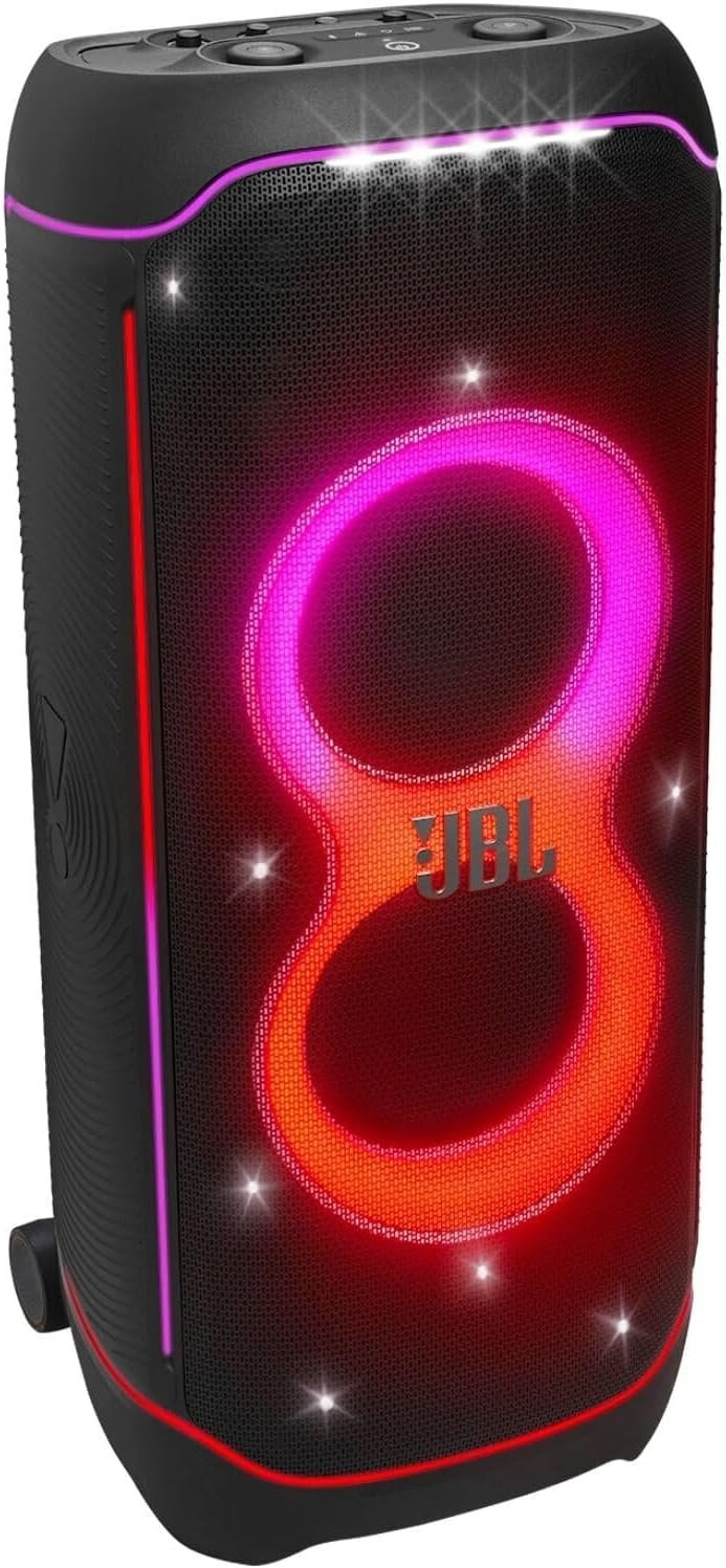 JBL Partybox Ultimate – Multi Purpose Party Speaker, with Wi-fi & Bluetooth Connectivity, Wireless, Lightshow, IPx4 Slashproof, Dual Mic & Guitar Inputs, Handle & Sturdy Wheels, Black