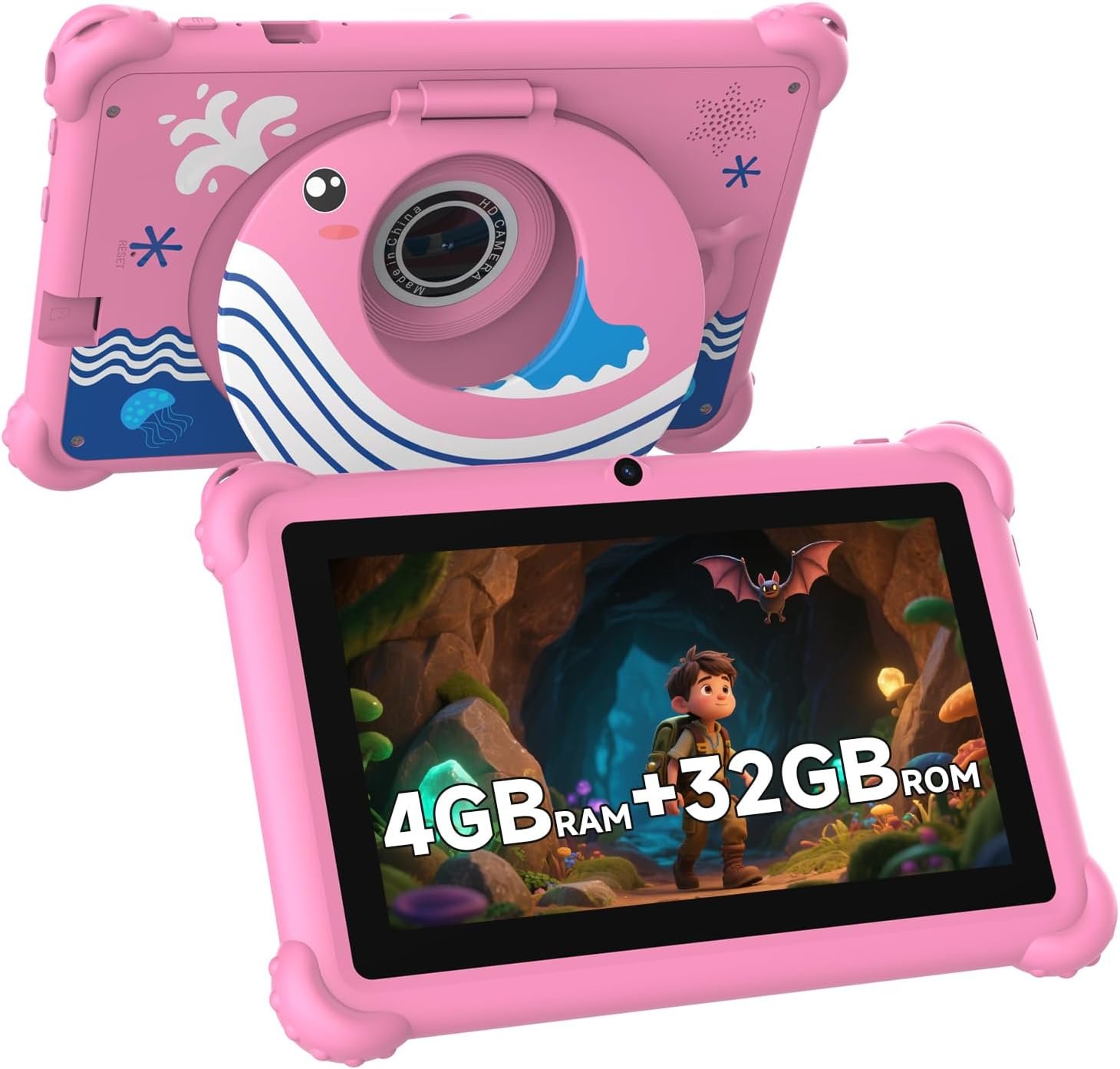 7-inch Kids Tablet for Toddlers, Android 12, 4GB RAM, 32GB ROM, WiFi, Bluetooth, Safe Eye Protection IPS Screen, Parental Controls, Dual Camera, Transparent Case for Education & Gaming (Pink)