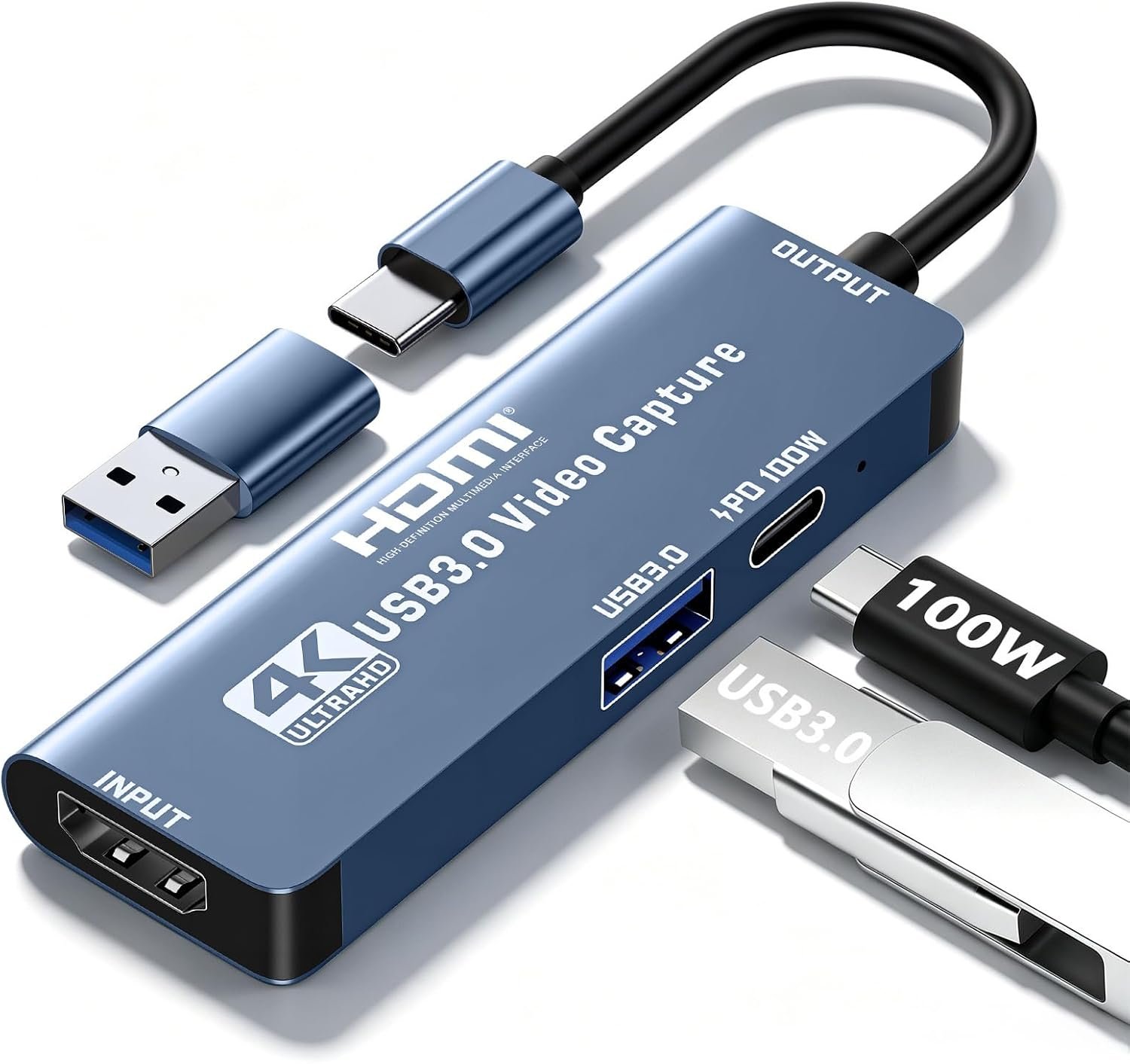 4K Capture Card HDMI to USB A/C Video Capture Recording Device with USB 3.0 100W PD Port for Quest 3, PS5/4, Switch 2/1, Camera, Xbox, Tablet, PC, OBS, MacOS/Windows, Plug & Play