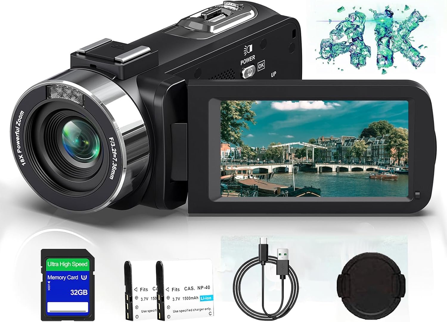 4K 80MP Camcorder Video Camera Ultra HD IR Night Vision Vlogging Camera for YouTube 18X Digital Zoom Camcorder 3.0″ 270° Rotation IPS Screen Video Recorder with 32G SD Card, Lens Cap and 2 Batteries