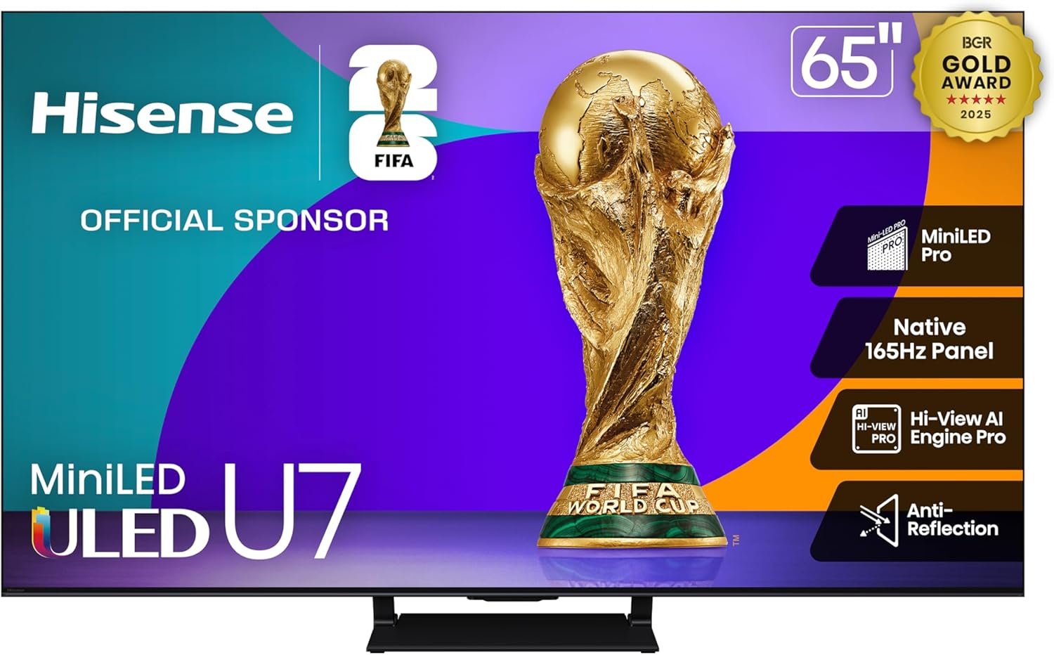 Hisense 65″ U7 Mini-LED ULED 4K UHD Best Premium Gaming Google Smart TV (65U75QG) – QLED, Native 165Hz, VRR 288, Up to 3000 Nits, HDR10+, Dolby Vision IQ · Atmos, IMAX Enhanced, 2.1.2 Ch