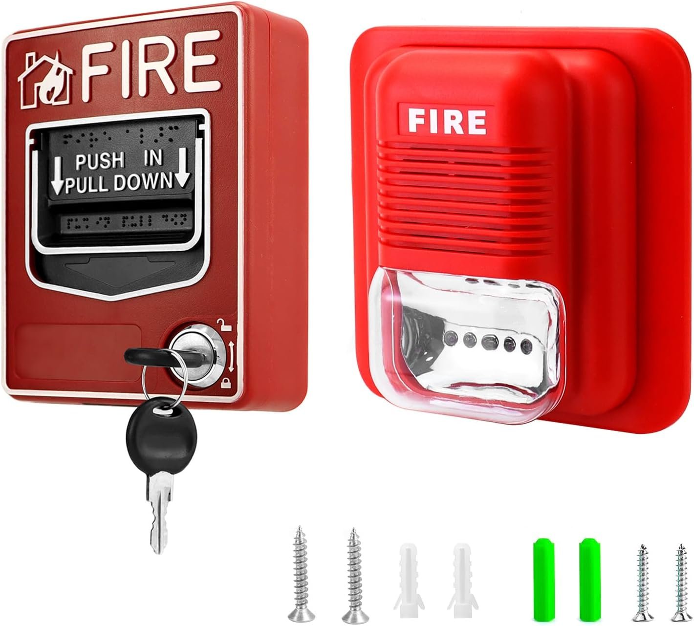 QWORK Wired Emergency Sound and Light Fire Alarm Station, 12 / 24V DC Wired Strobe Siren Horn and Dual Action Manual Call Point Panic Button 9-28VDC with 2 Keys
