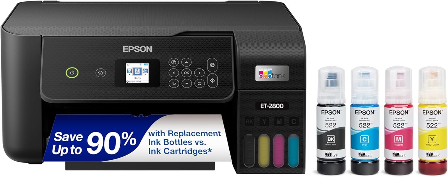 Epson EcoTank ET-2800 Wireless Color All-in-One Cartridge-Free Ink Supertank Printer with Scan and Copy for Home Use, Black