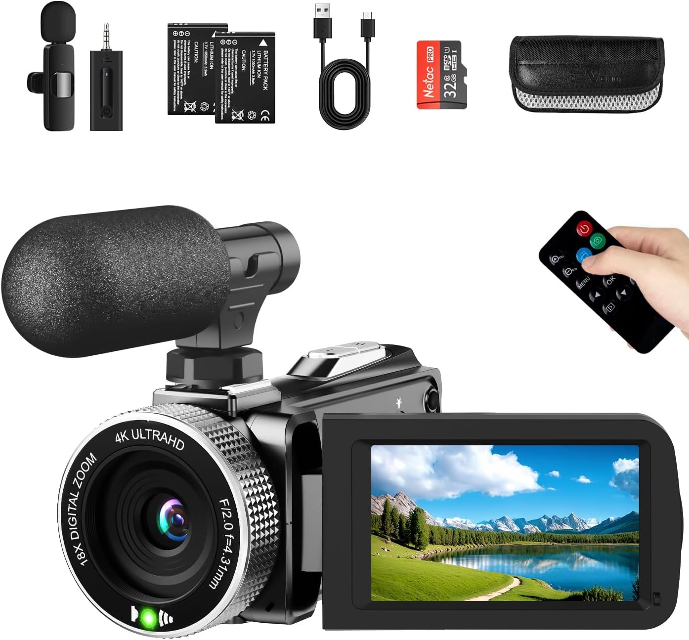4K Video Camera Camcorder 48MP 60FPS UHD for YouTube Vlogging 18X Digital Zoom 3″ IPS 270° Flip Screen Video Camcorder with Wireless Lavalier Microphone, 32GB SD Card, 2 Batteries and Remote Control