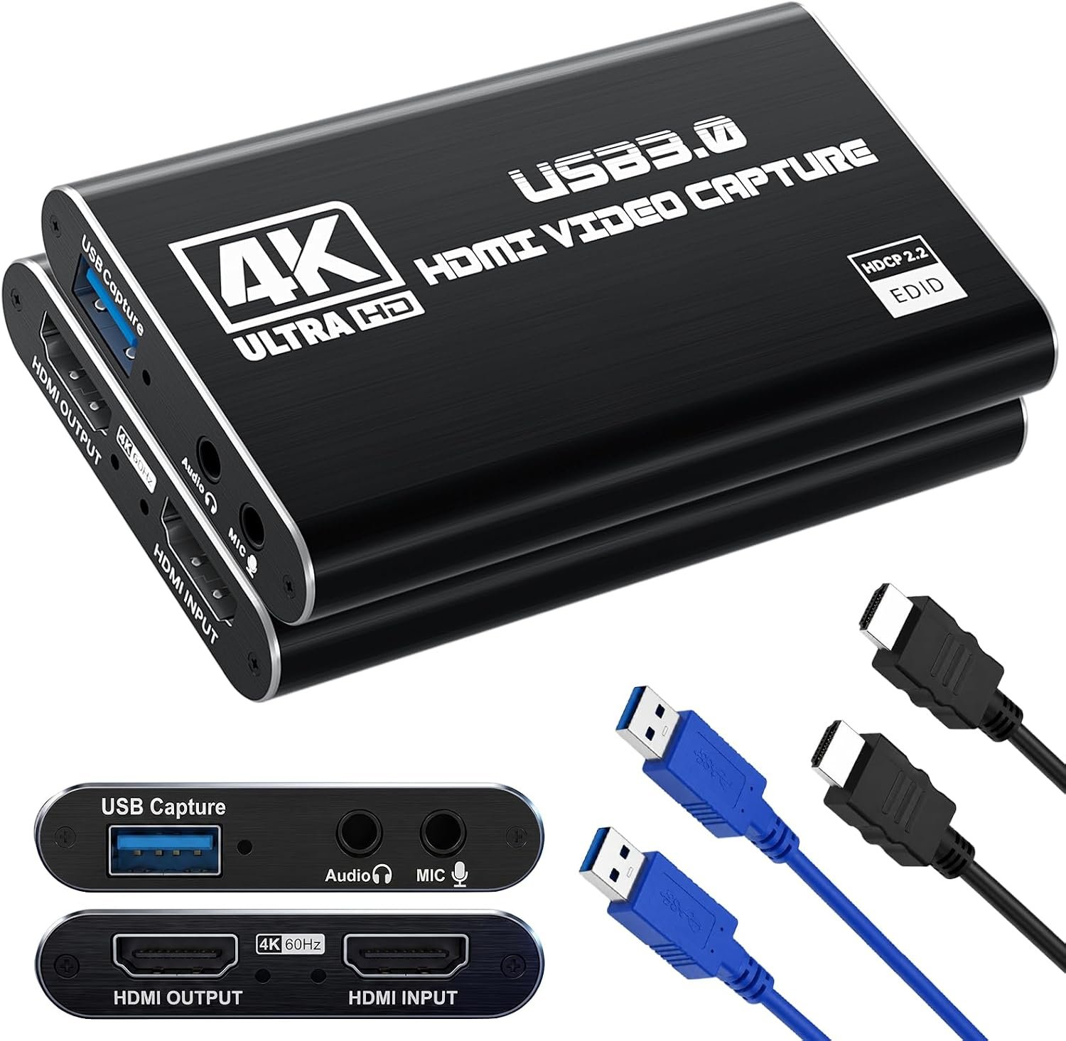 Guermok USB 3.0 HDMI Capture Card, 1080P 60FPS & 2K30 Video Capture Device with 4K HDMI Pass-Through, Mic Input & Audio Output for OBS Streaming, PS5, Switch 2/1, Xbox1, Camera, PC