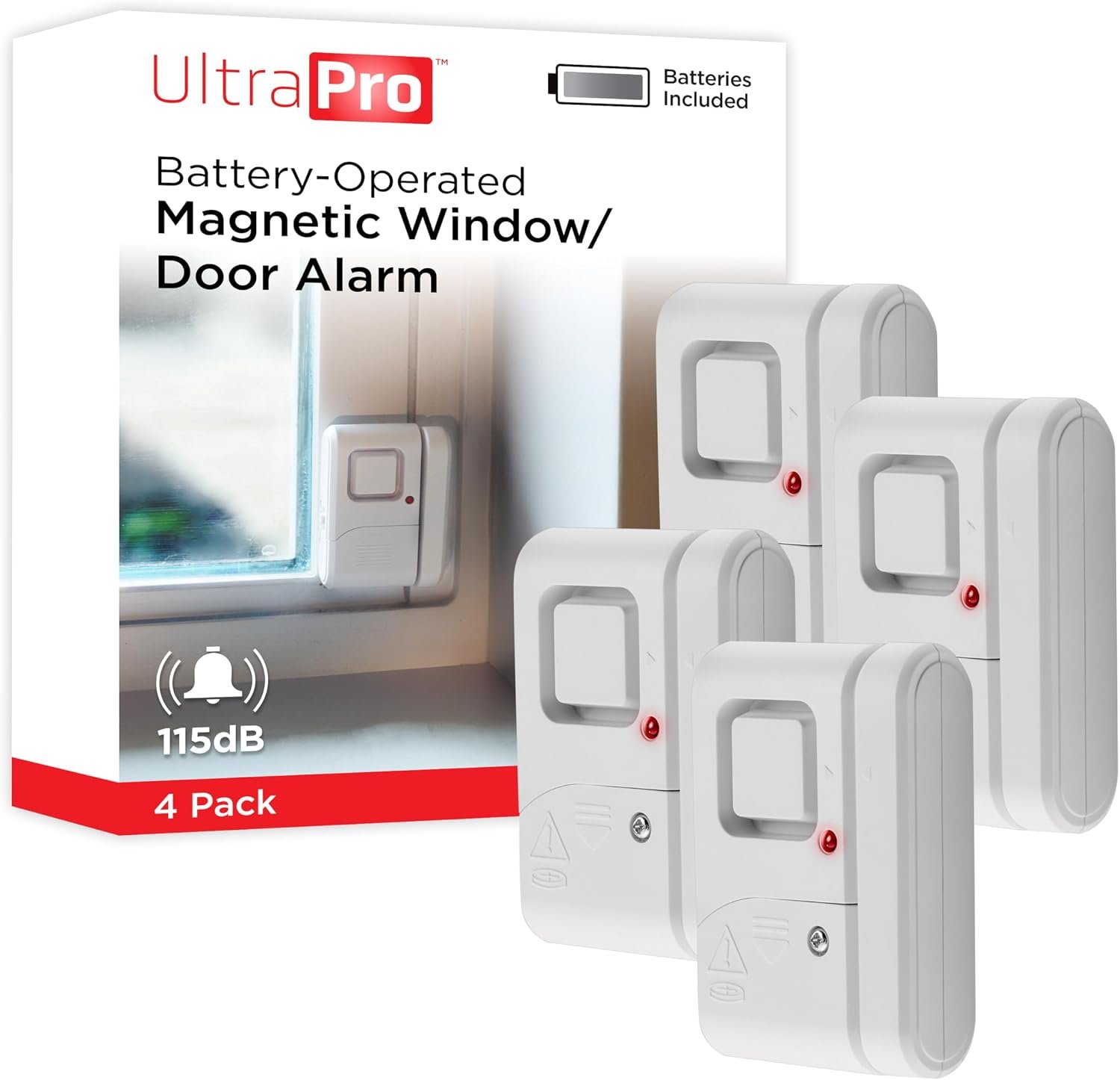 UltraPro Personal Security Window and Door Alarm, 4 Pack, DIY Protection, Burglar Alert, Wireless Chime/Alarm, Easy Installation, Home Security, Ideal for Home, Garage, Apartment and More, 45174