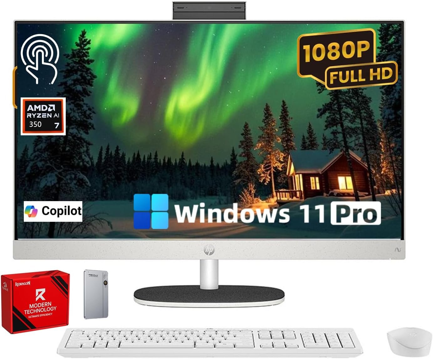 HP 27″ FHD Touchscreen 2TB Mega Storage All-in-One Desktop Computer, 16GB DDR5 RAM, 2TB Storage (1TB SSD + 1TB External), AMD Ryzen 5 7520U Processor, WiFi6, Wireless Keyboard & Mouse, Windows 11