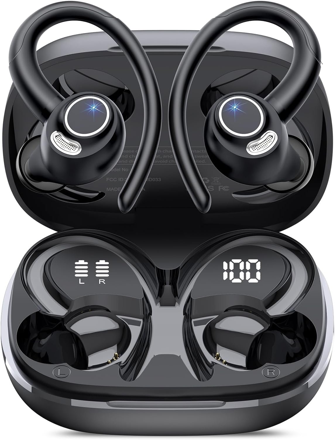 Wireless Earbuds, Bluetooth 5.4 Headphones Sport, Over Ear Buds With ENC Noise Cancelling Mic, 48H, Wireless Earphone With Earhooks, Stereo Deep Bass, IP7 Waterproof ear bud for Workout Running, Black
