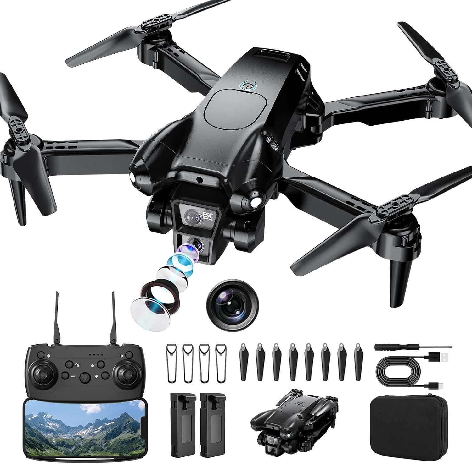 Drone with Camera 1080P HD,Mini Drone for Beginners Kids Adults,Foldable RC Quadcopter with Stable Hover,Trajectory Flight,One Key Take Off/Land,2 Batteries,Toys for Boys and Girls (Black)