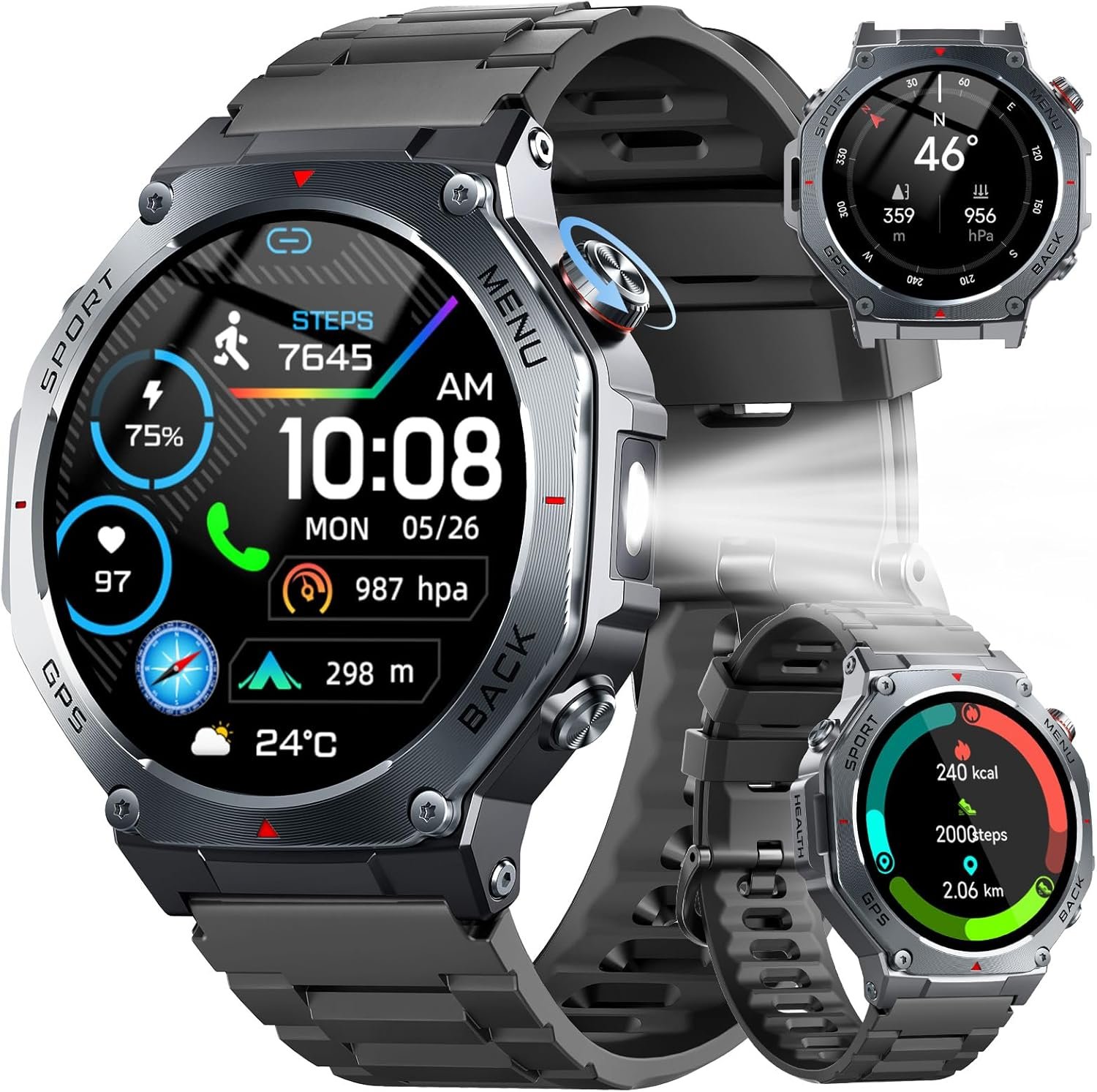 Military Smart Watch for Men Built-in GPS with LED Flashlight Compass, 1.43″ AMOLED Display 5ATM Waterproof Fitness Tracker with Heart Rate/Sleep/Blood Oxygen, Watches for Android/iPhone, Black