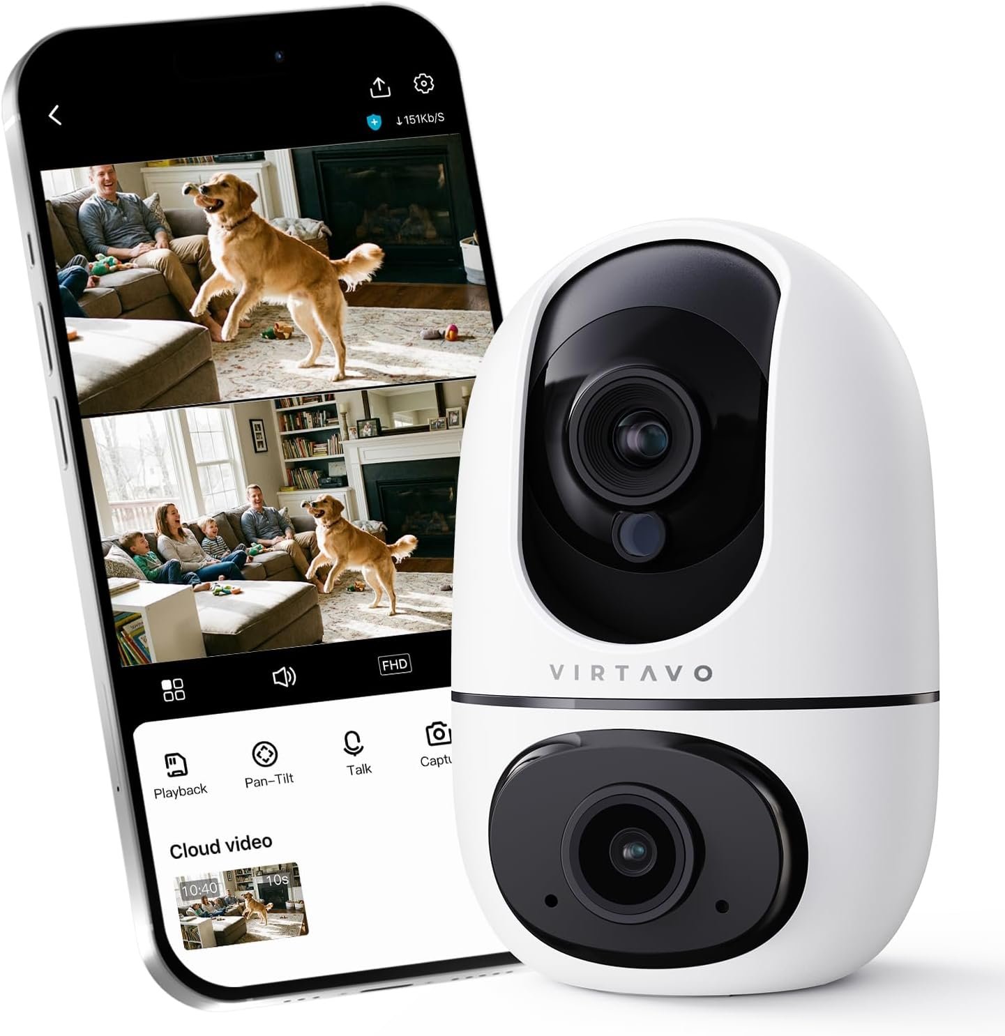 VIRTAVO XD1 Indoor Security WiFi Camera, No Subscription Required, Dual-Lens 360° PTZ Baby Monitor & Pet Cam, Motion Tracking, 2-Way Audio, Night Vision,Optional Cloud/SD Storage, Phone App, Wired