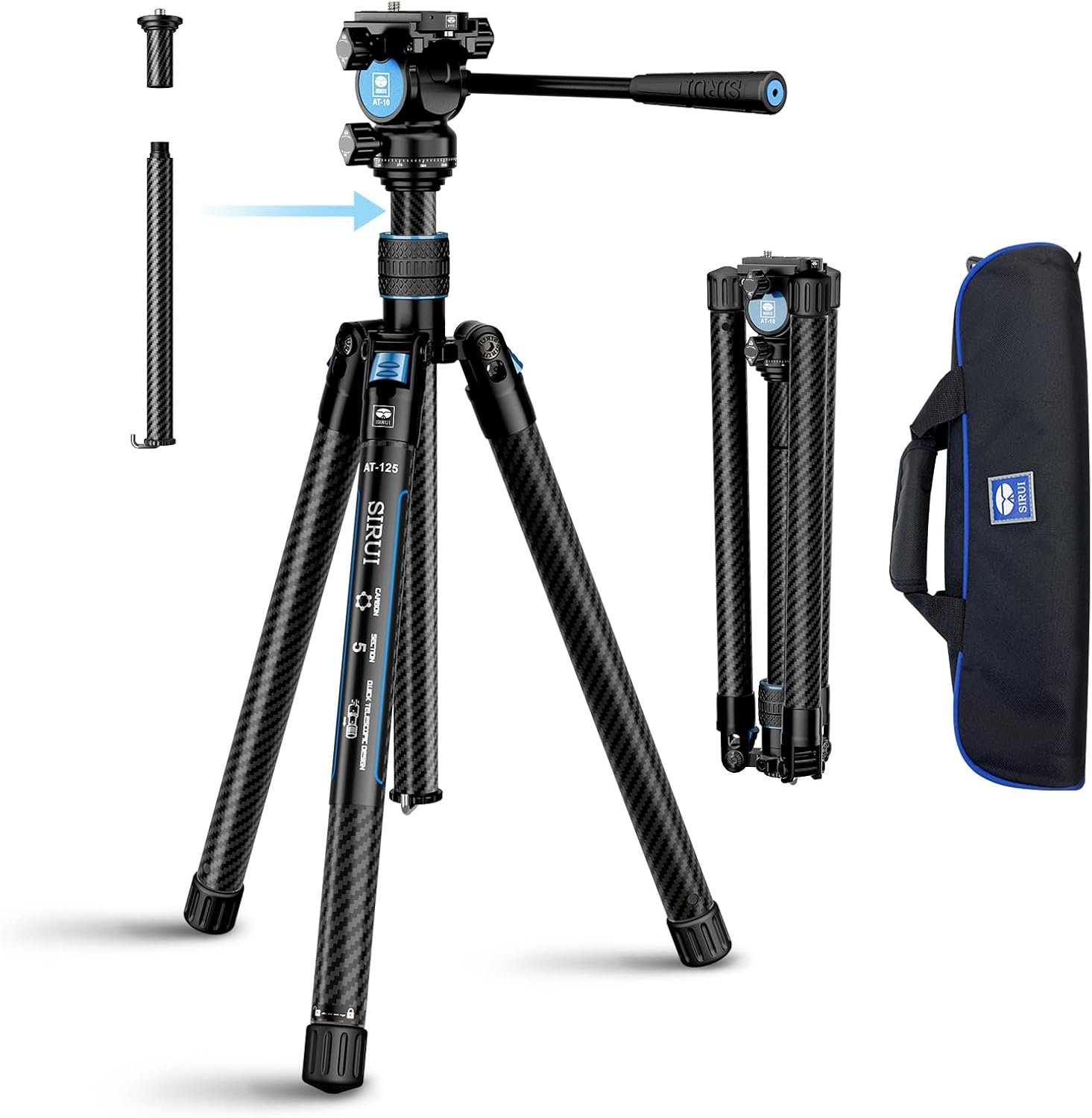 SIRUI Carbon Fiber Tripod Lightweight 2lbs with Panoramic Fluid Head, 59.8” Compact Camera Tripod Quick Release Leg Setup, Reversible Center Column, Reverse Folding Legs, Max Load 11lbs – Traveler X