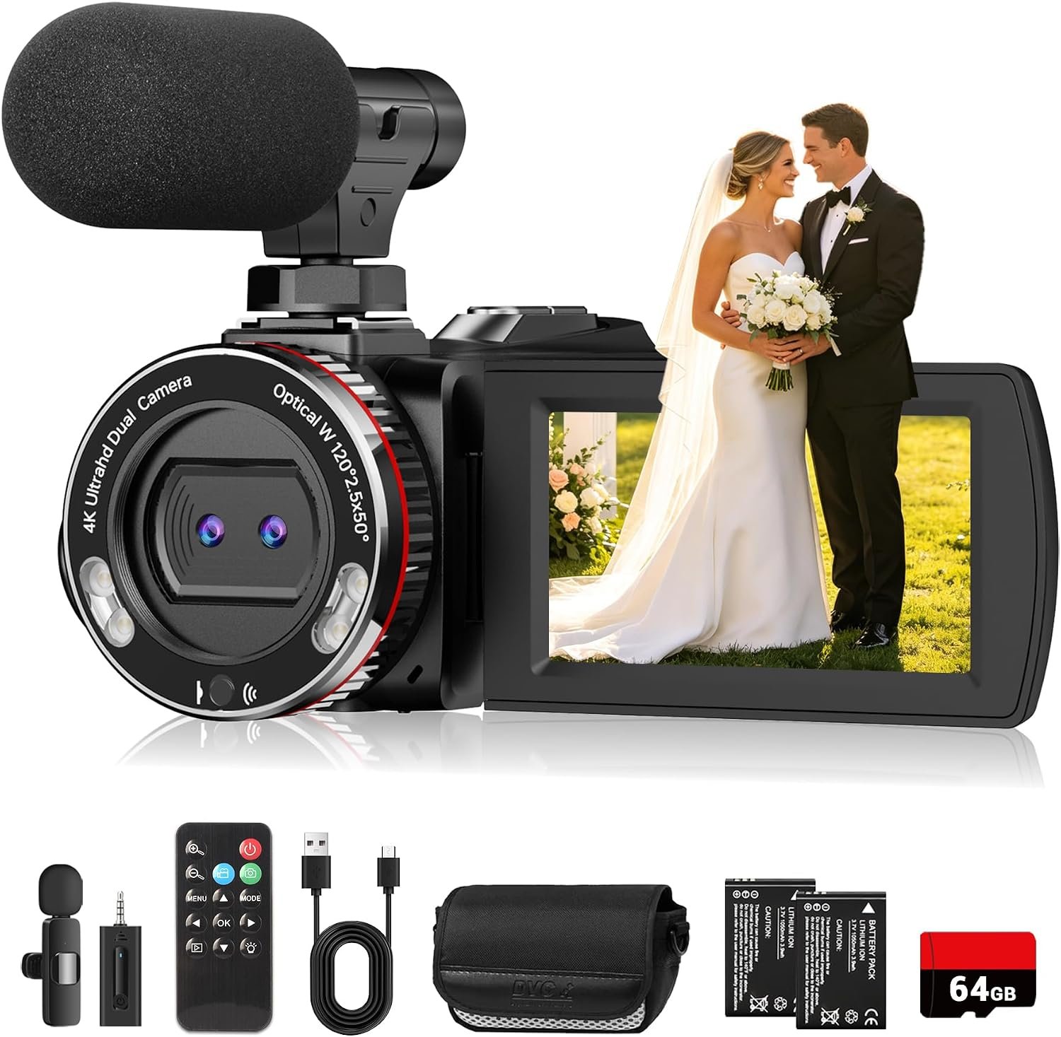 4K Wedding Camcorder, 64MP UHD Vlogging Camera with Wireless Lavalier Microphone, 120° Wide Angle 18X Digital Zoom, Remote, 64GB Card & 2 Batteries, for Family Wedding Memories