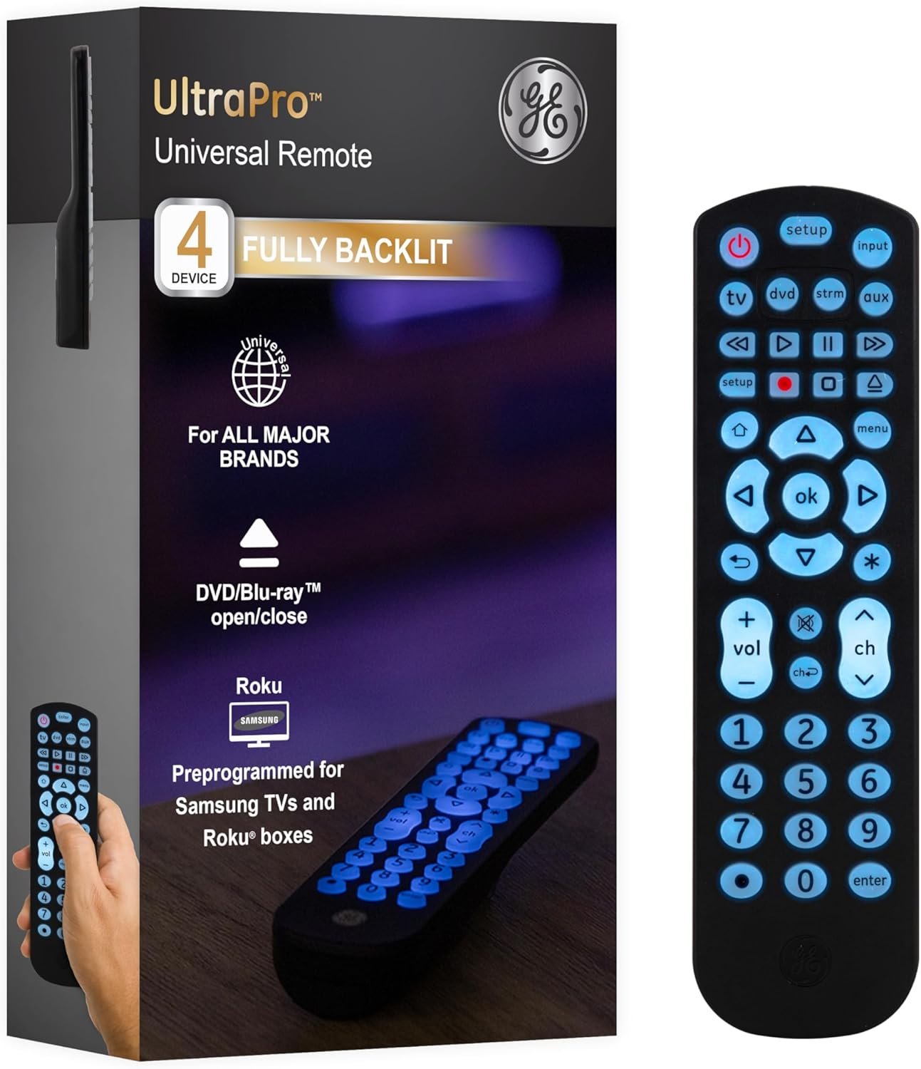 GE Backlit Buttons Universal Remote Control, Samsung TV Remote Control Replacement, Samsung Remote Control for Smart TV, Roku Remote Replacement, Vizio, LG TV, Sony, 4-Device, Black, 40081