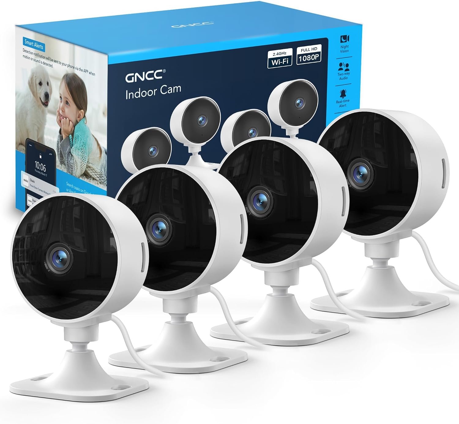 GNCC 2.4GHz Indoor Security Camera, 1080P Home Camera for Pet Monitoring, Motion Detection, Two-Way Audio, IR Night Vision, Easy Install, Cloud Storage Subscription Required, No 5GHz Support(4-Pack)