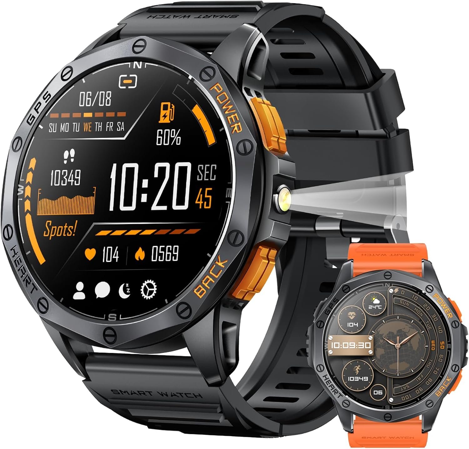 Military Smart Watches Built-in GPS, 170+ Sport Modes for Men with Flashlight, Smartwatch for Android Phones and iPhone, 1.43″ AMOLED Screen Bluetooth Call Compass Altimeter (Black & Orange (2 Bands))