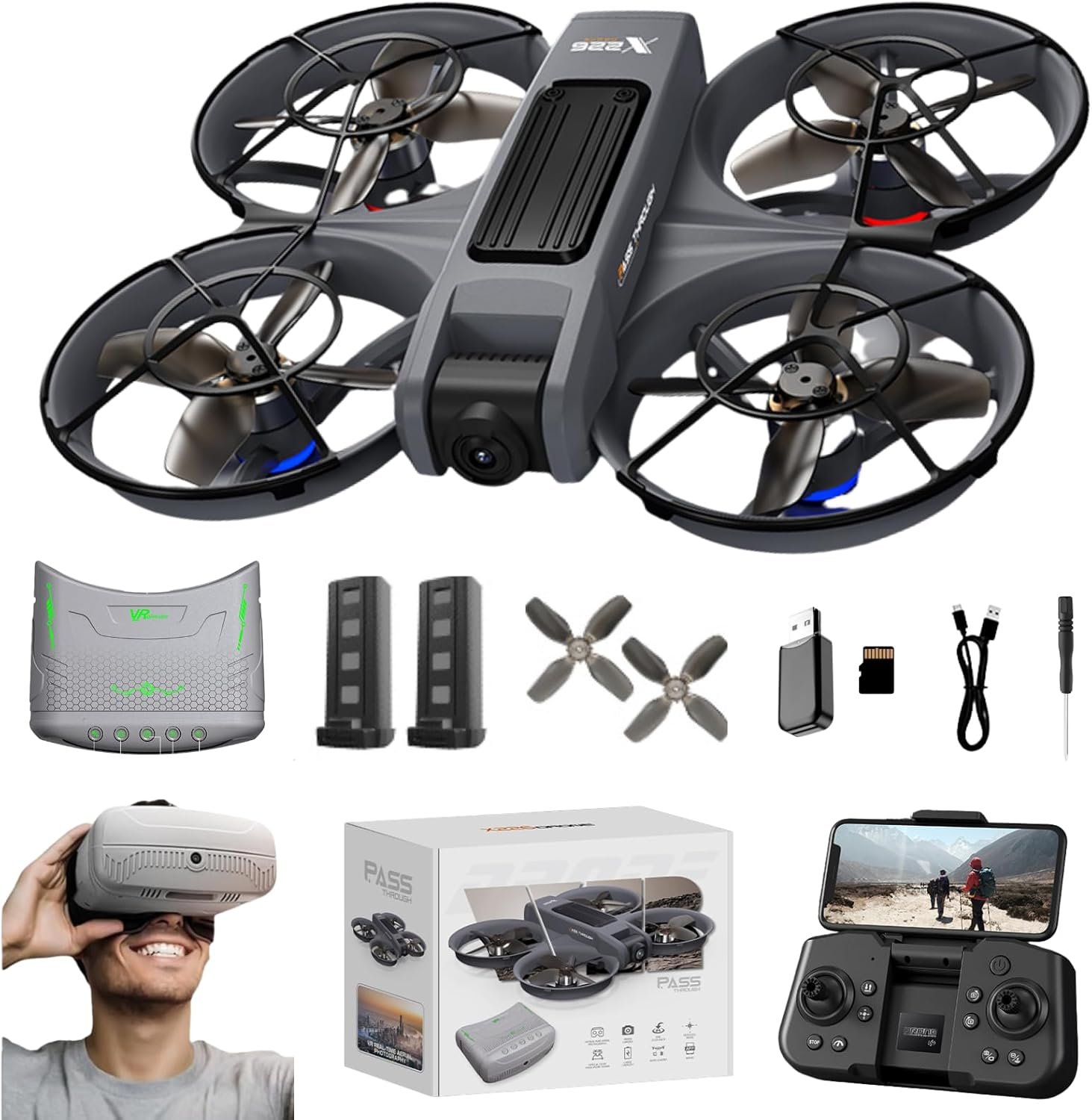 VR FPV Drone with Camera and VR Glasses for Beginners, Brushless Motor, Altitude Hold, Optical Flow Positioning, One Key Takeoff/Landing, APP Control, First-Person View Drones, RC Quadcopter with LED Lights 2 Batteries, Beginners Friendly Drones Cool Gifts for Adults X226 Drone with Built-in Propeller Guard