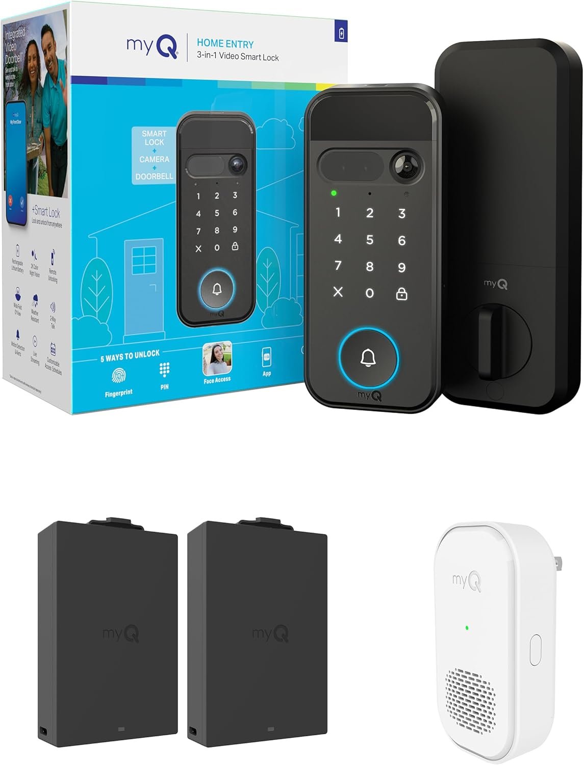 myQ Secure View™ 3-in-1 Smart Lock Deadbolt + myQ Chime + Extra Battery, Keyless Entry Lock, 2K HDR Doorbell Camera, Face, Fingerprint & PIN Access, App Control, Color Night Vision & Two-Way Audio