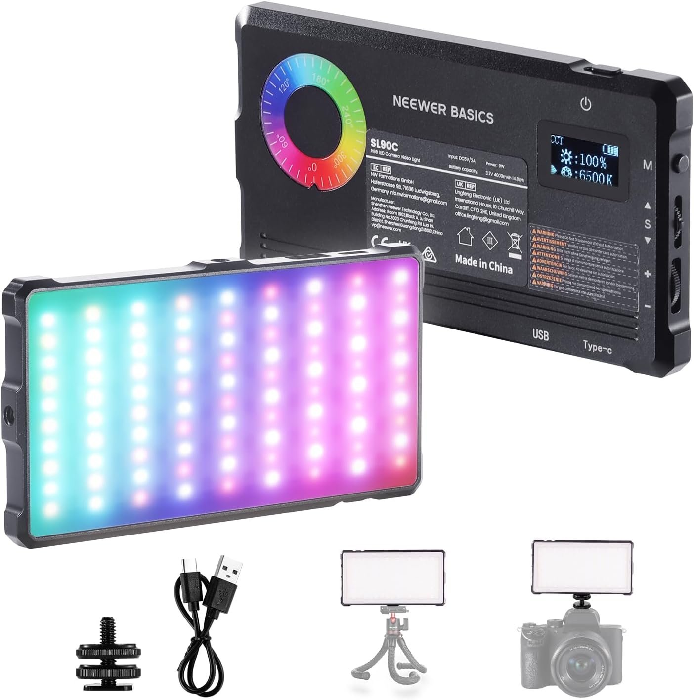NEEWER Basics RGB Video Light, 8W 2700K-7500K Portable Full RGB Colors 17 Scenes CRI97, 4000mAh Rechargeable Metal Small LED Camera Panel Lighting for DSLR Tripod Streaming Video Recording, SL90C