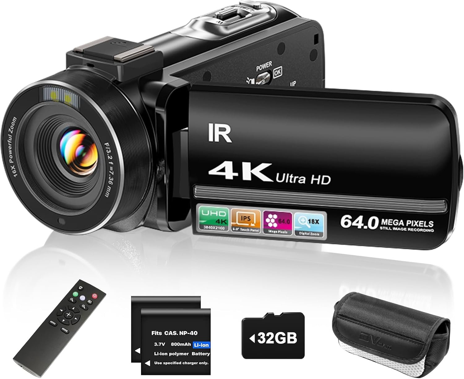 ZYDIIE 4K Video Camera Camcorder UHD 64MP Vlogging Camera for YouTube 18x Digital Zoom 3″ 270° Rotation IPS Touchscreen Video Camcorder with Night Vision, Remote Control, 32GB Card, 2 Batteries