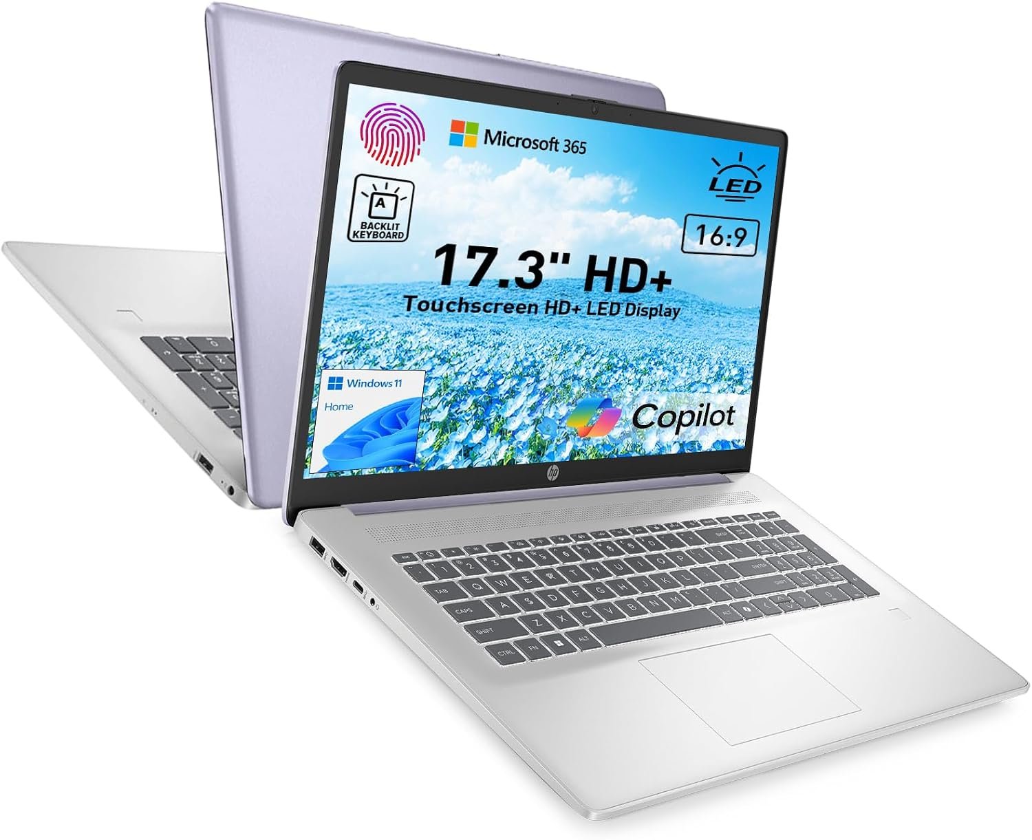 HP 17.3″ Touchscreen Laptop w/Microsoft 365, 8GB RAM, 128GB SSD, Webcam w/Shutter, Fingerprint Reader, Backlit Keyboard, Microsoft Copilot Key, Intel Quad-Core CPU, Win11, Lavender