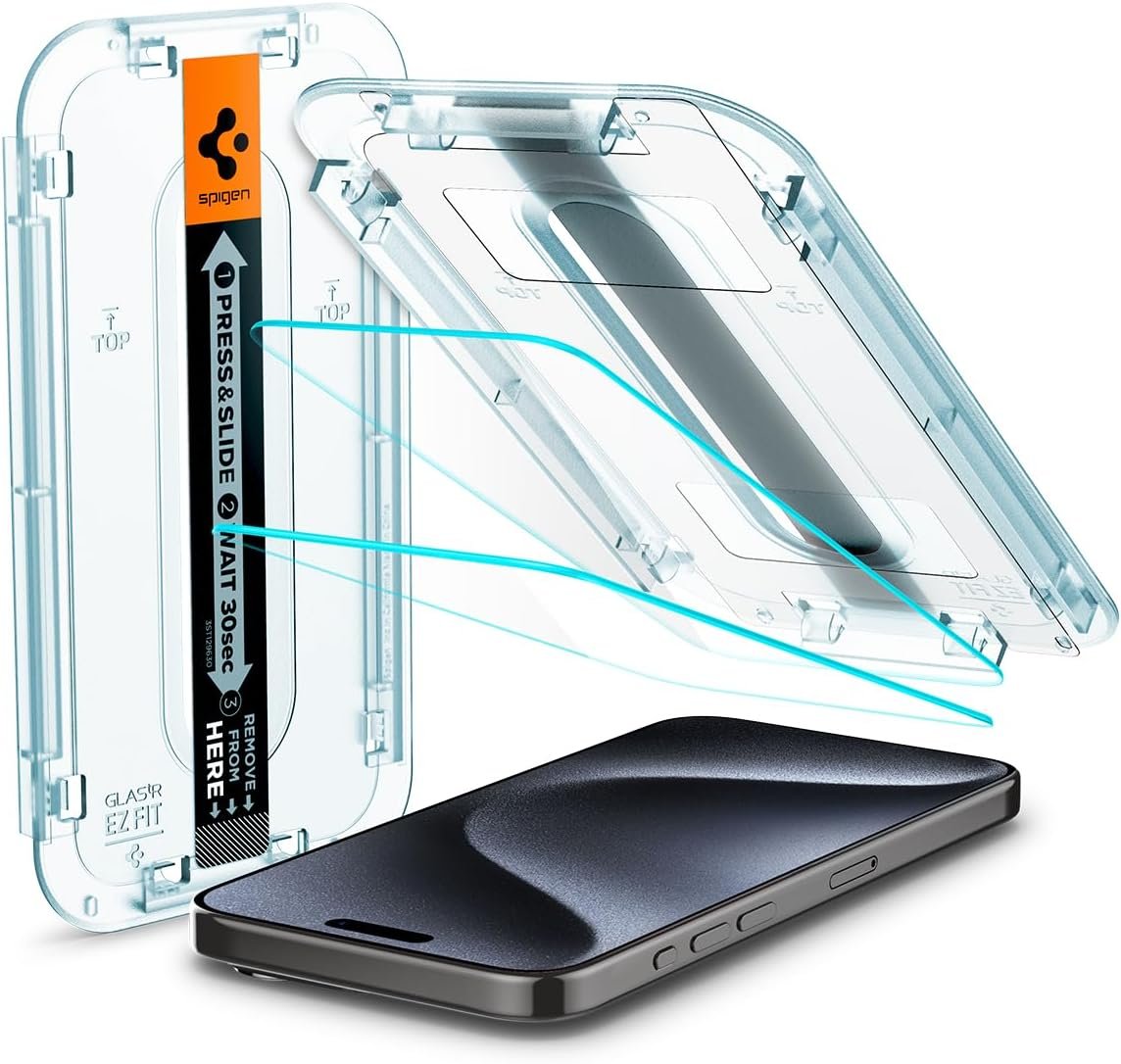 Spigen Tempered Glass Screen Protector [GlasTR EZ FIT] designed for iPhone 15 Pro [Case Friendly] – 2 Pack | 9H Hardness Tempered Glass, Easy Installation Kit, Case-Friendly, Crystal Clear, Touch Responsive, Oleophobic Coating
