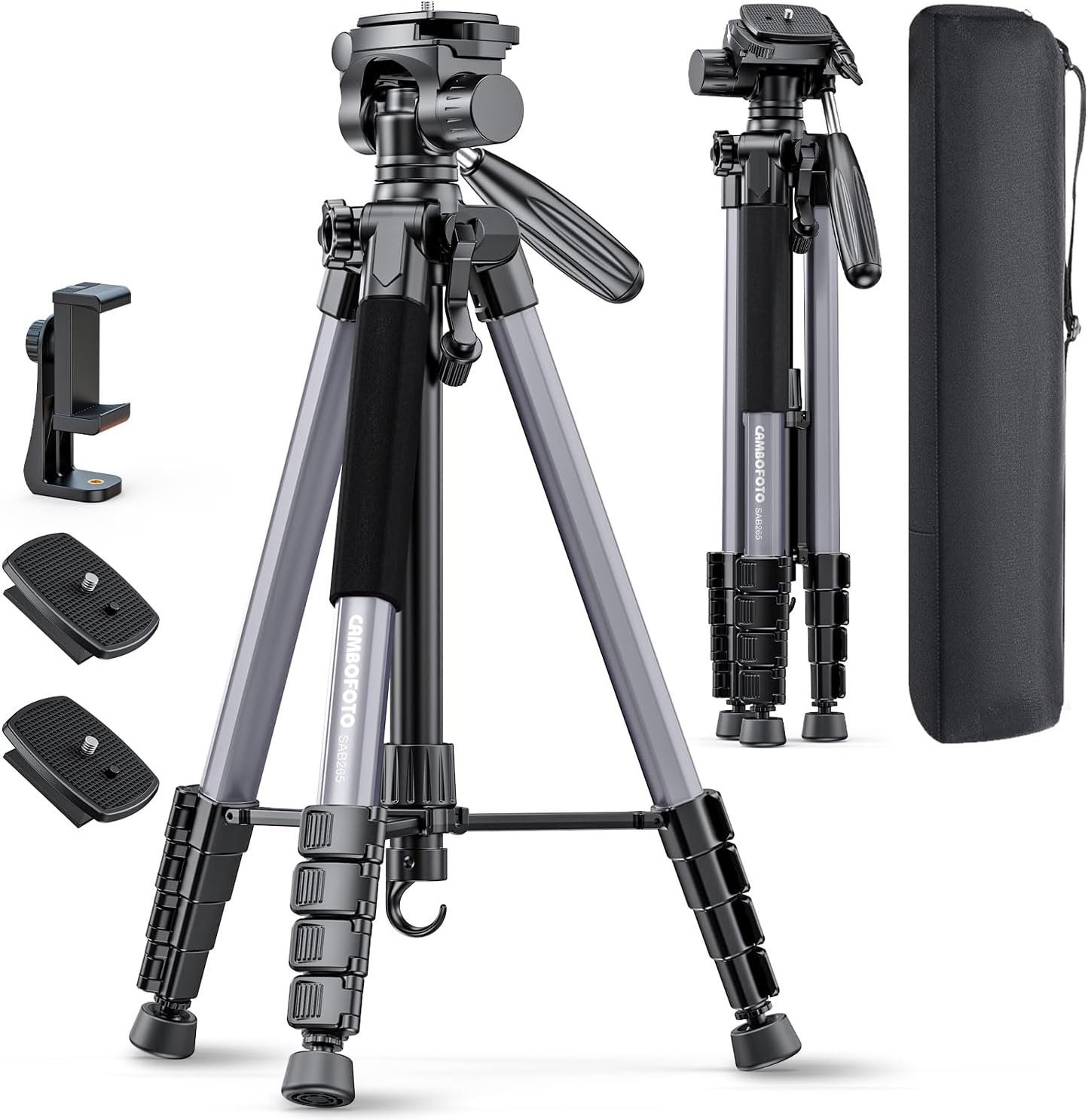 CAMBOFOTO 74″ Aluminum Camera Tripod – Heavy‐Duty Professional Tripod Stand for DSLR & Mirrorless Cameras, Smartphones & GoPro – Lightweight Travel Tripod with 360° Pan Head & Phone Mount