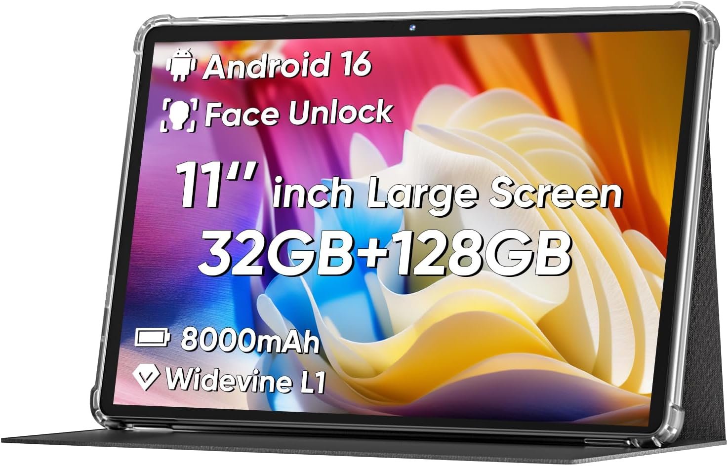 COLORROOM 2026 Android 16 Tablet 11inch, Face Unlock, 18W Fast Charging, 32GB+128GB+1TB Expand, Octa-core CPU, 8000mAh Large Battery, WiFi6, Touchscreen Display, Widevine L1 Tableta, Black