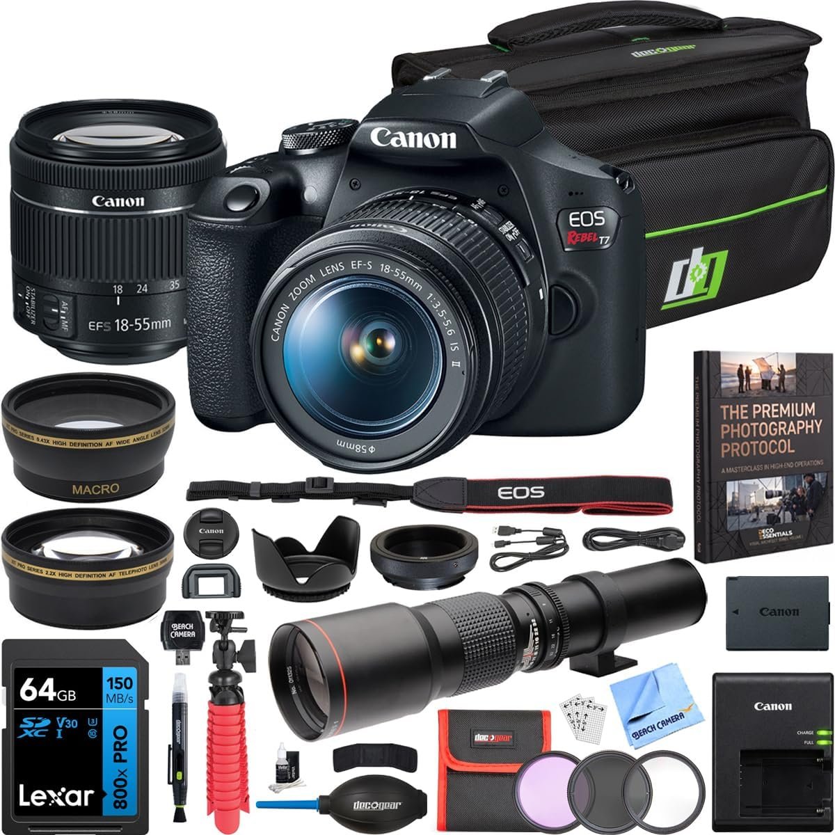 Canon EOS Rebel T7 Digital SLR Camera 18-55mm f/3.5-5.6 is II Kit Bundle with 500mm Preset Telephoto Lens, Camera Bag, 64GB Memory Card, Photography Pro Guidebook and Accessories (13 Items)