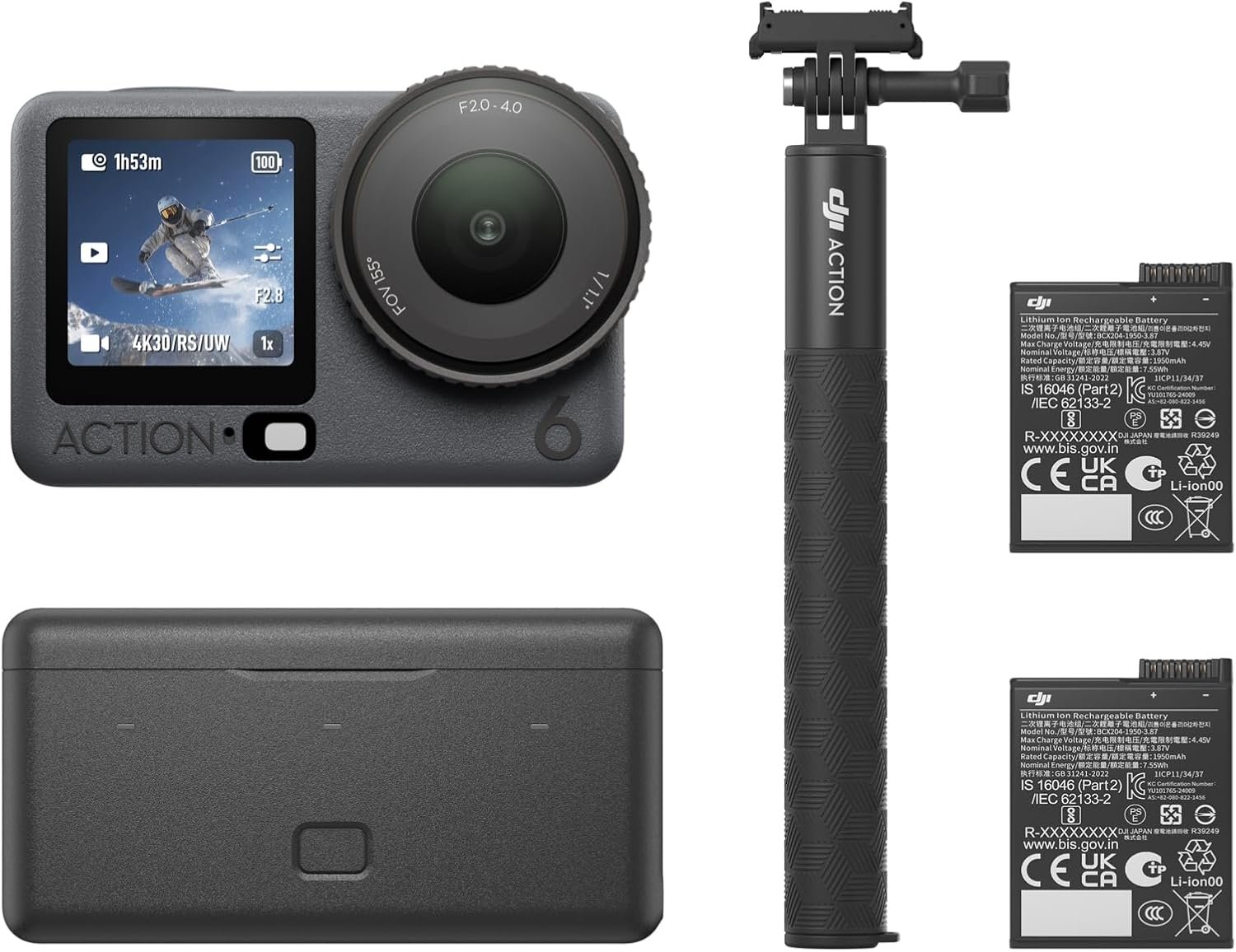DJI Osmo Action 6 Enhanced Combo, 8K Waterproof Action Camera with 1/1.1″ Square Sensor, Variable Aperture of f/2.0–f/4.0, Extended Battery Life with 2 Batteries, 1.5m Extension Rod, Battery Case