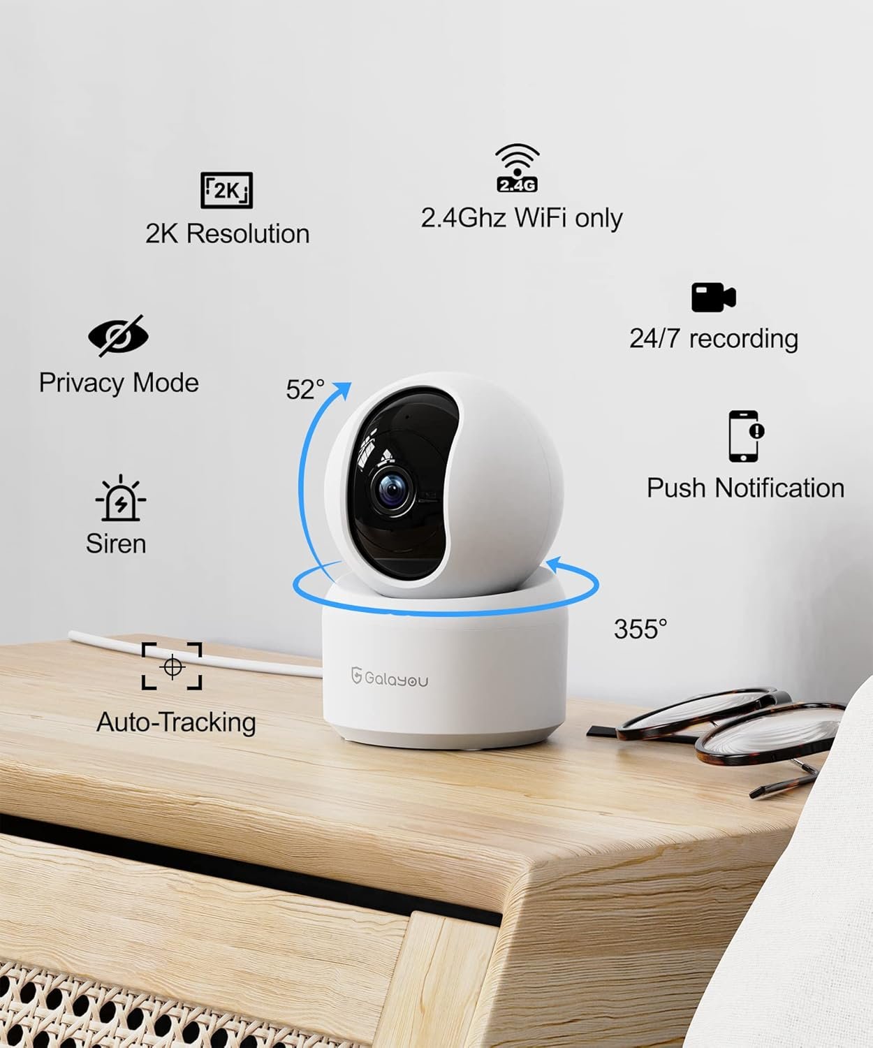 GALAYOU Indoor Security Camera 2K, Pet Camera, 360 Degree 2.4G WiFi Home Security Camera for Baby/Elder/Nanny with Night Vision, 24/7 SD Card Storage, Works with Alexa and Google Assistant G2-2Pack