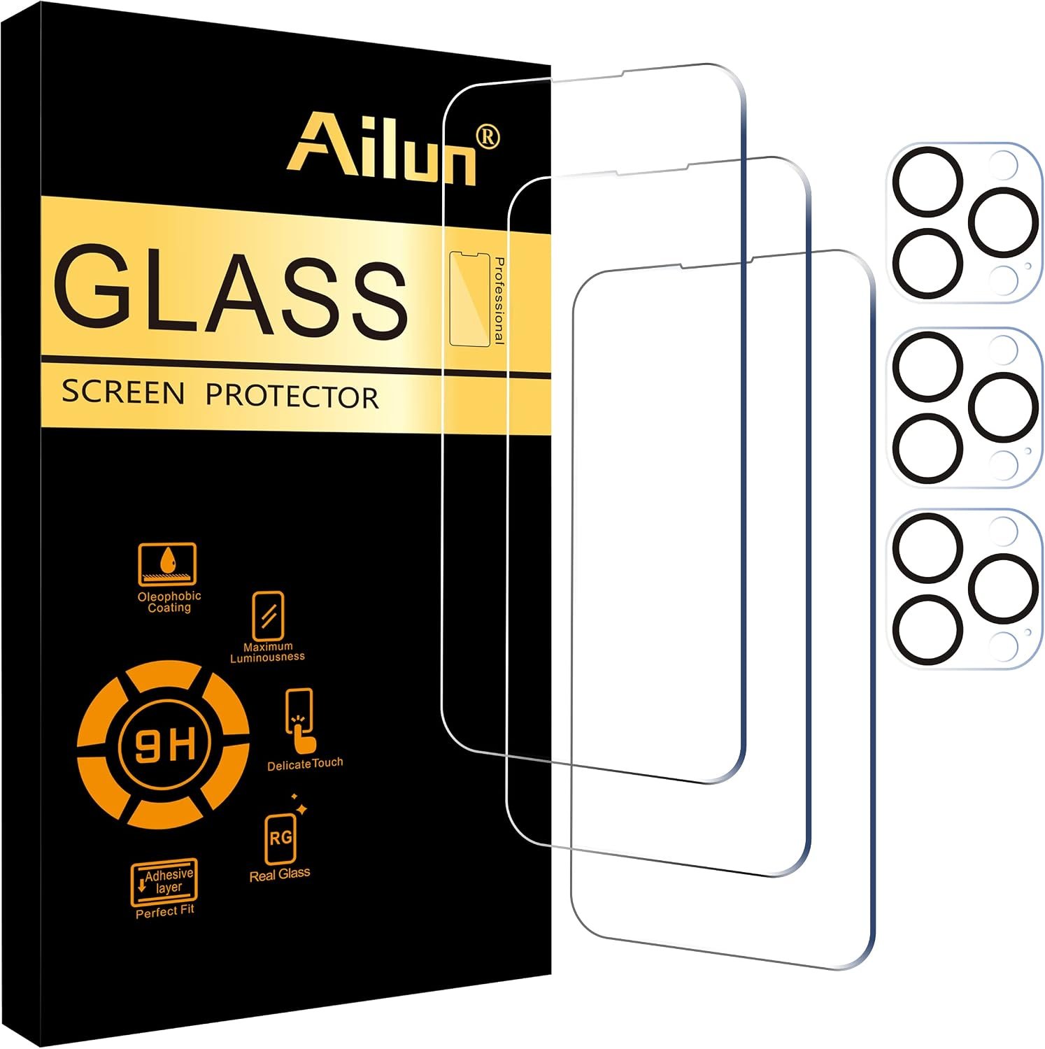 Ailun 3 Pack Screen Protector for iPhone 14 Pro Max [6.7 inch] + 3 Pack Camera Lens Protector,Sensor Protection,Dynamic Island Compatible,Case Friendly Tempered Glass Film,[9H Hardness] – HD
