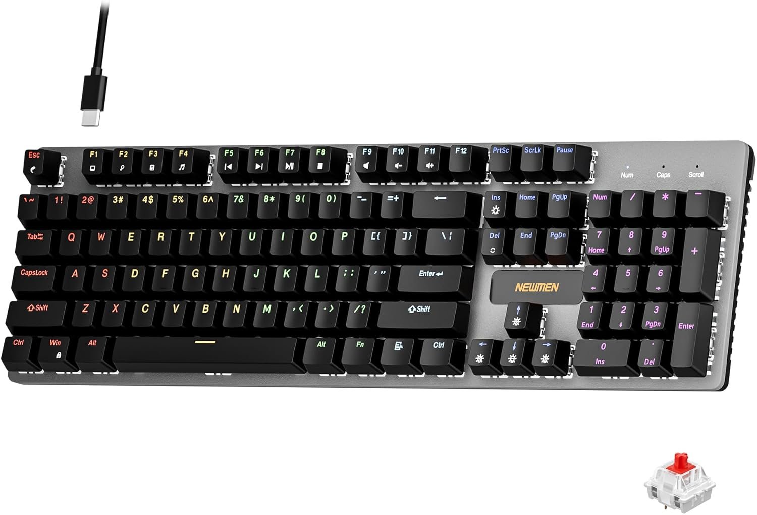 Newmen GM325Pro Mechanical Keyboard,104 Keys Rainbow LED Backlit Wired Gaming Keyboards,Hot-Swap Metal Panel ABS Black Keycaps Gaming Mechanical Keyboard for Windows Laptop PC Linear Red Switches