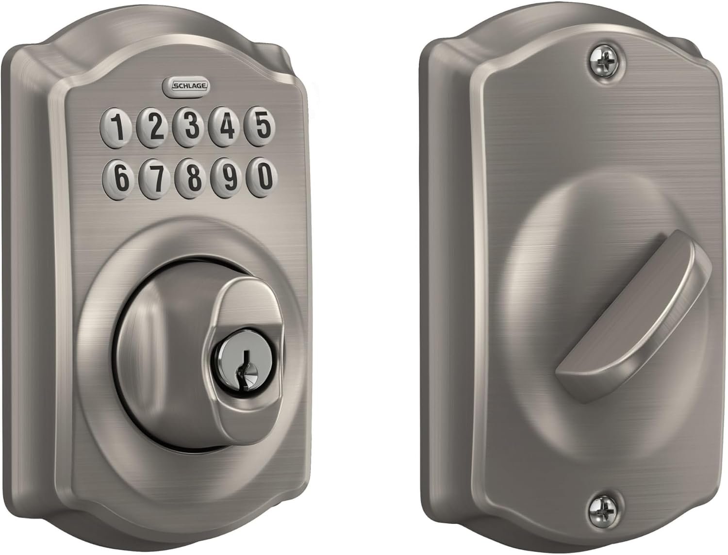 Schlage Camelot Electronic Keypad Deadbolt Lock, Keyless Front Door Entry, Mechanical Key Backup Included, Satin Nickel, BE365 V CAM 619