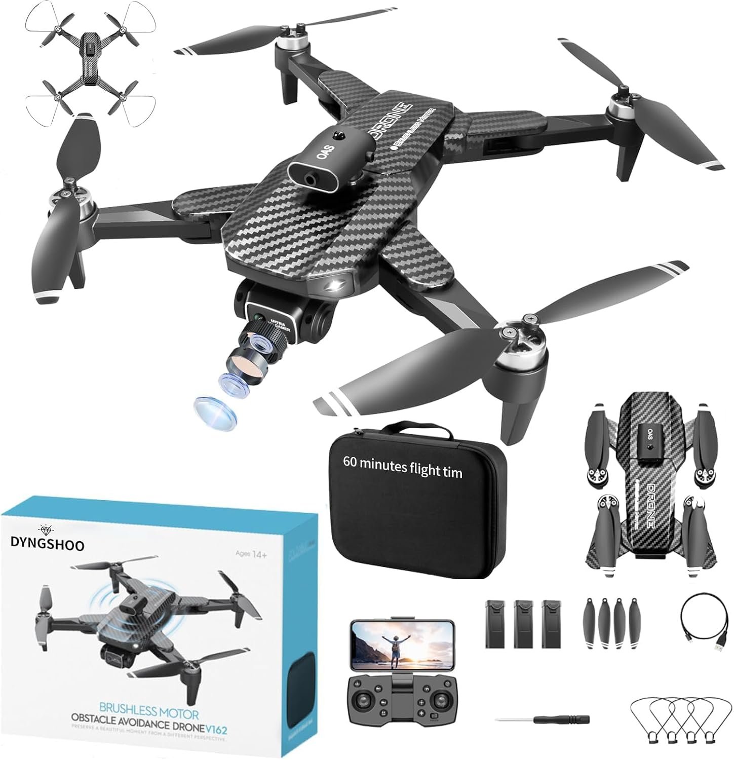 4K UHD GPS Drone with Camera (Equipped with dual cameras), Foldable RC FPV Drone, small-scale Drone Control Quadcopter With Height Setting Function, Six-pass Gyroscope, Gesture Photo, Video Recording, Headless Mode, Emergency Stop, Trajectory Gravity Sensing, and Auto-photography for Adults and Teenager.Carbon Black-(Flight Time: 60 minutes)