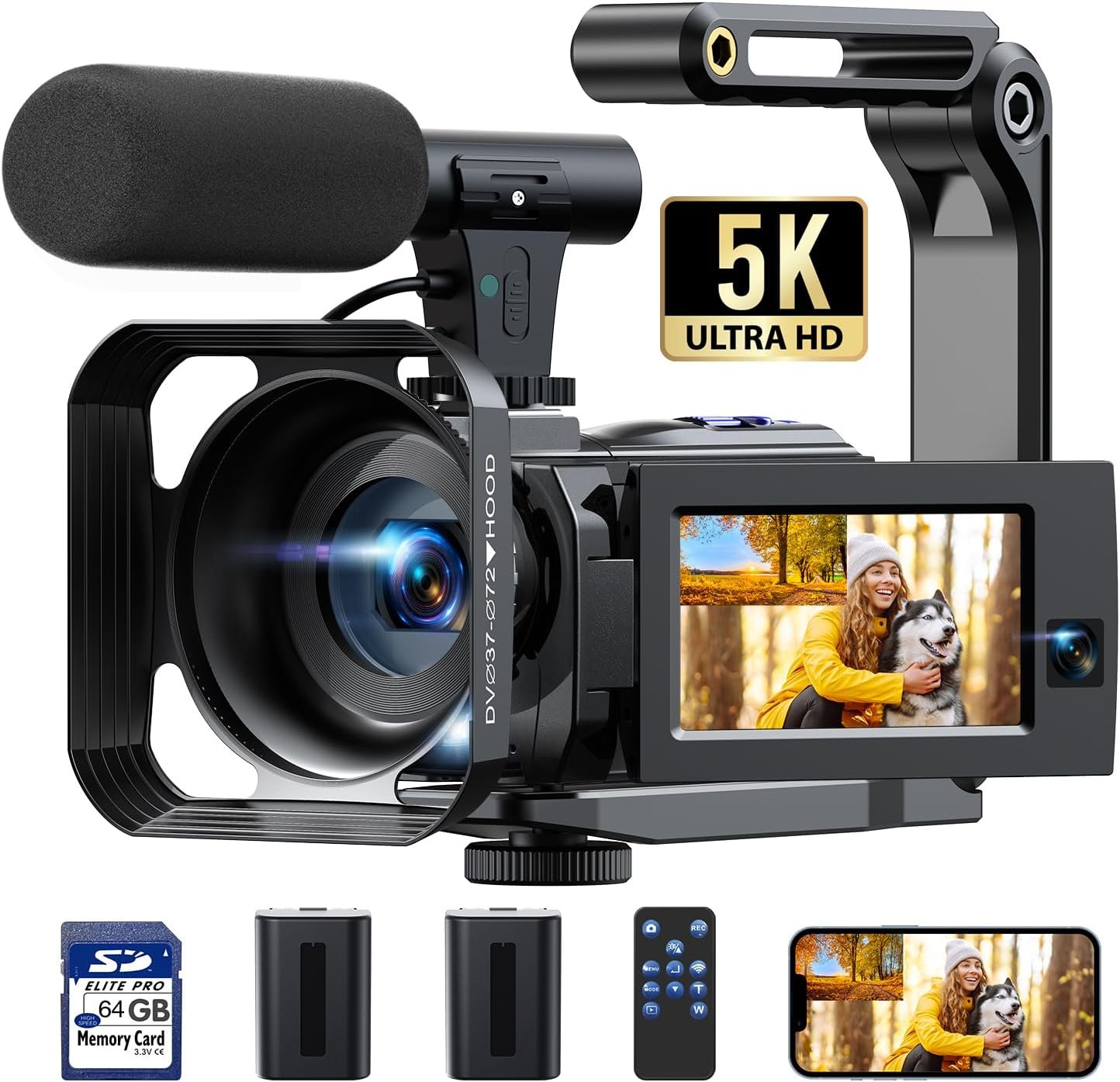 5K Video Camera Camcorder, 56MP Dual Lens Vlogging Camera for YouTube, Cam Corder with 3″ 270° Flip Touch Screen,16X Zoom, Night Vision, WiFi, Remote, 64GB SD Card, 2 Batteries, Tripod, Webcam
