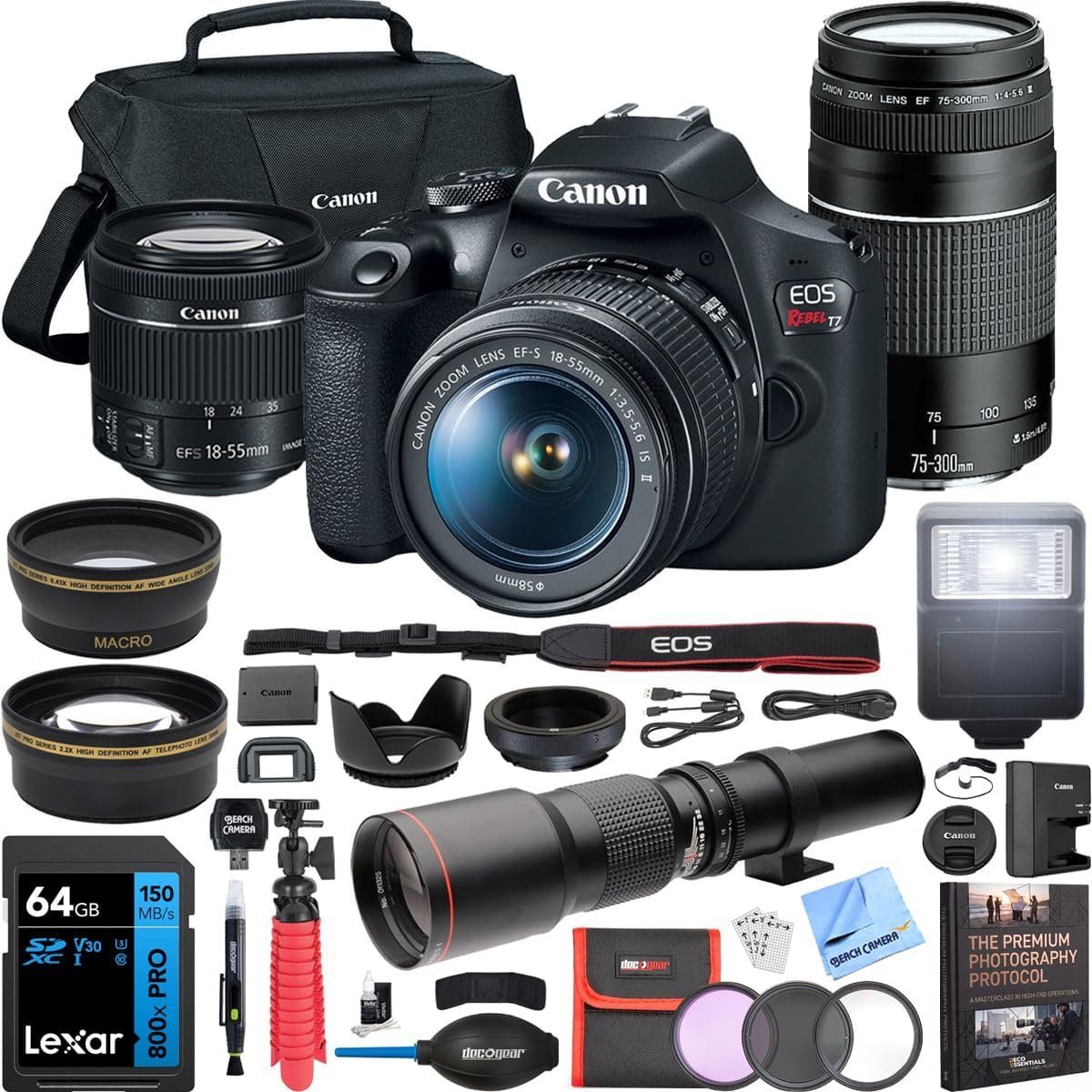 Canon EOS Rebel T7 DSLR Camera with EF 18-55mm and 75-300mm Double Zoom Kit Bundle with 500mm Preset Telephoto Lens, Camera Bag, 64GB Memory Card, Photography Pro Guidebook and Accessories (13 Items)