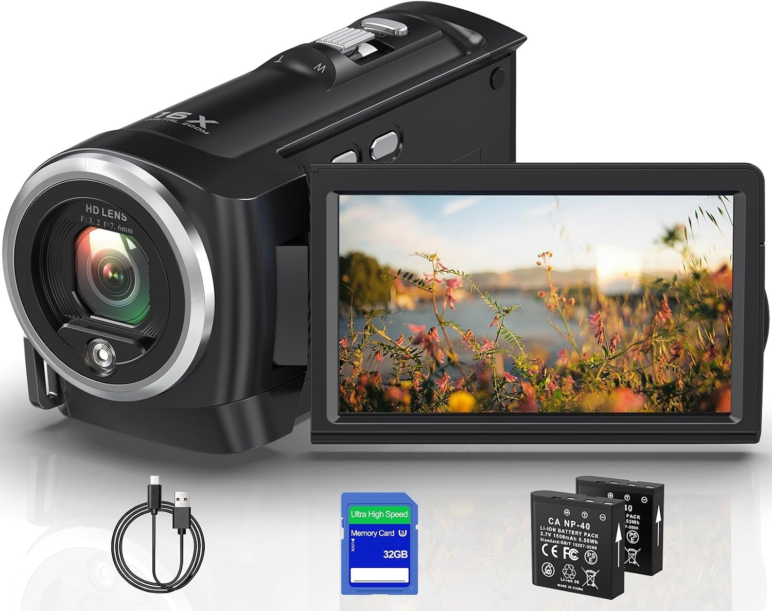2.7K Video Camera QHD 50MP Camcorder 16X Digital Zoom YouTube Vlogging Camera 270 Degree Rotation Screen Camcorders Webcam with 32G SD Card and 2 Batteries