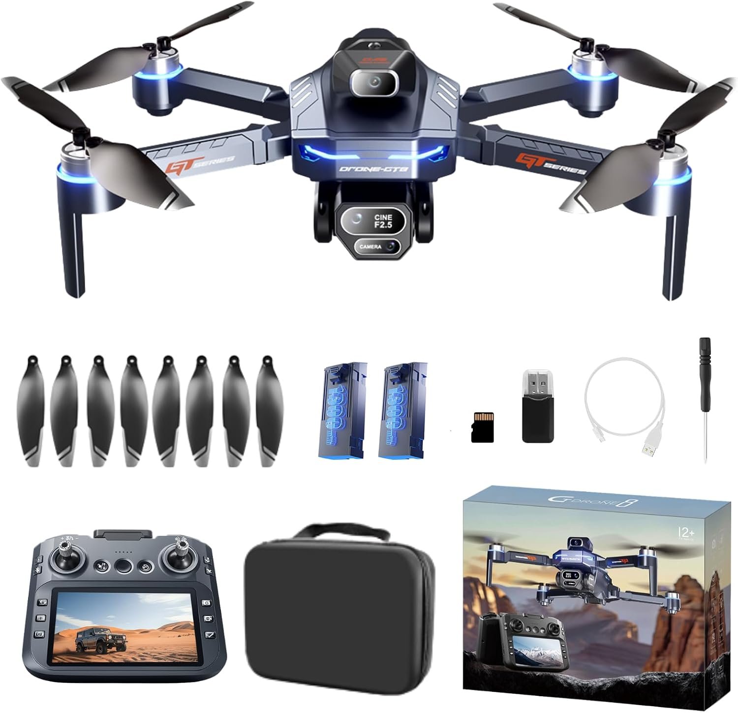 FPV Drone with HD Camera for Adults, RC Drones with 5 Inch LCD Screen on Controller, Obstacle Avoidance, Brushless Motor, One Key Start, Optical Flow Positioning, Headless Mode, Foldable RC Quadcopter with SD Card & 2 Batteries & Portable Carrying Case, Under 250g Indoor Outdoor Aerial Photography Drone Kit Birthday Gifts for Beginners Pilots