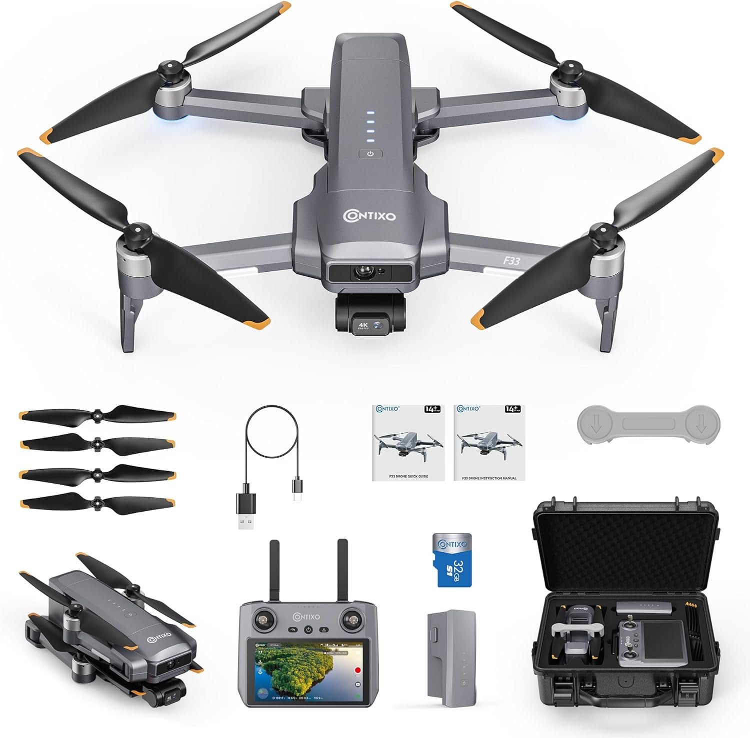 Contixo F33 Professional Drone – 4K/30FPS Camera, GPS & Optical Flow, 2-Axis Gimbal + EIS, 5.5″ Touchscreen Remote, Obstacle Avoidance, 4-Mile FPV, 42-Min Flight, Hunting & Outdoor Tracking